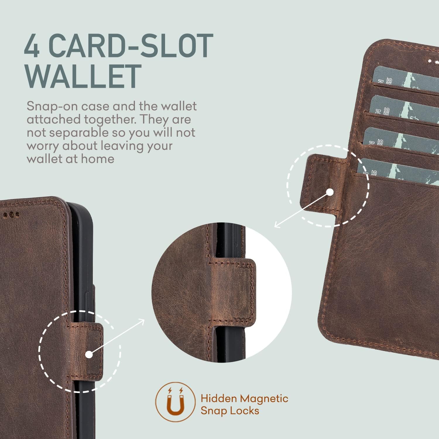 Bayelon Case for iPhone 13 Pro 6.1", Full Grain Leather Wallet Case, Magnetic Folio Flip Cover with Card Slots, Kickstand (Dark Brown)