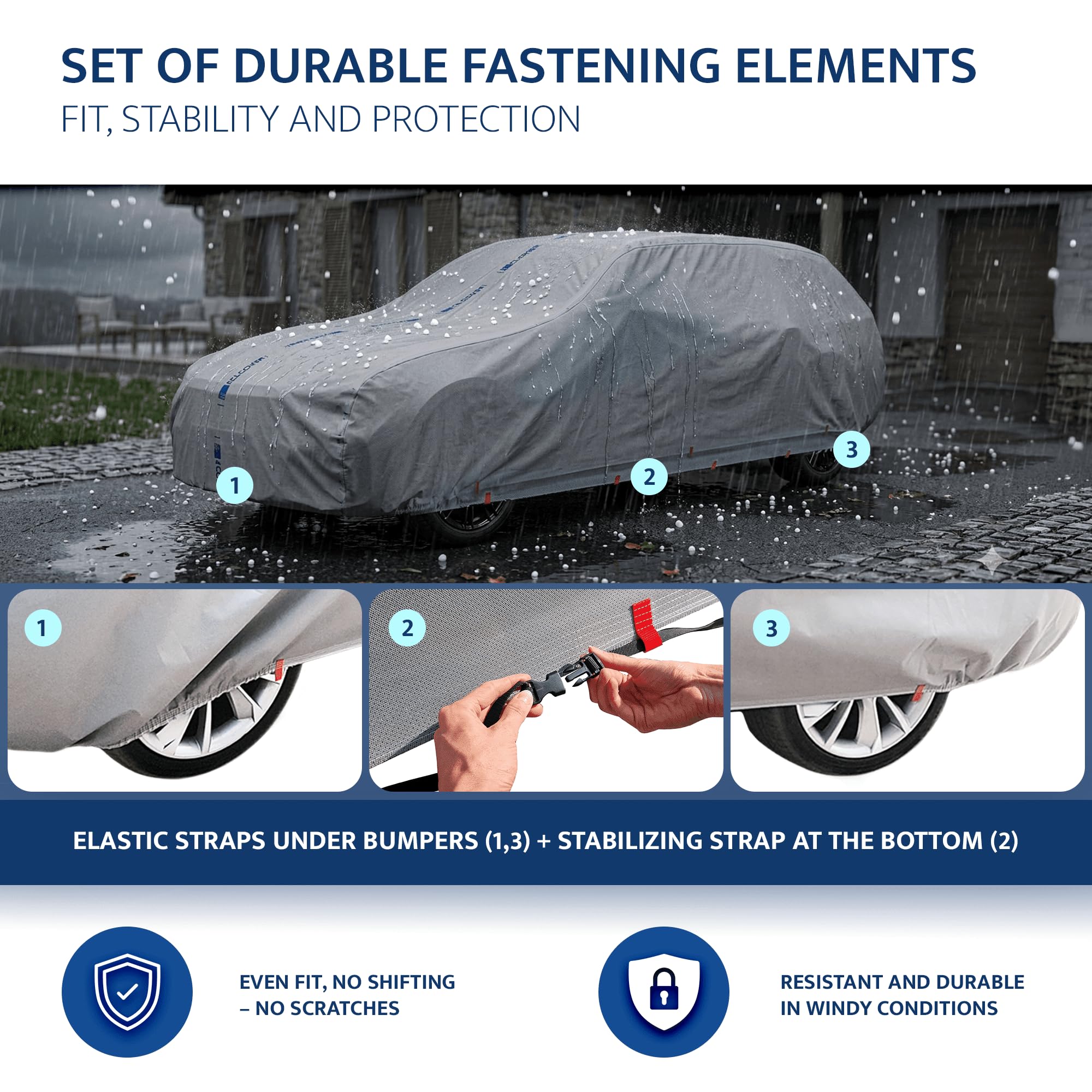 GROM 14 mm Autoabdeckung Hagelschutz Wasserdicht Atmungsaktiv Sonne, Staub, UV-Schutz M (410-428 cm) Hatchback Autoplane - Spezialisierter Schutz Autohülle Auto Winter & Sommer