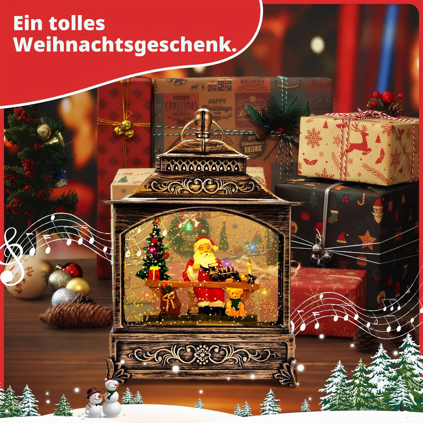 Joellfuner Weihnachts Schneekugel Laterne, Weihnachtslaterne mit Schneegestöber Musik & Licht USB/Batteriebetriebene, Schneekugel Laterne Wasserlaterne Geschenk für Weihnachtsdeko(B-Weihnachtsmann)