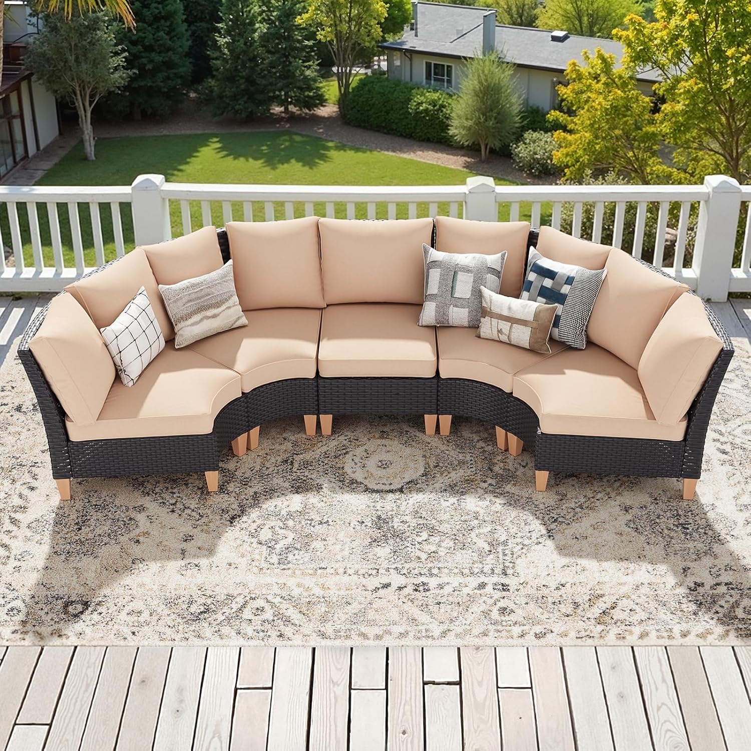 Soohow Half-Moon Patio Conversation Set, 5 Piece Outdoor Sectional Furniture Set with Cushions, Wicker Patio Conversation Set Outdoor Sectional Sofa, All-Weather for Garden, Backyard and Poolside