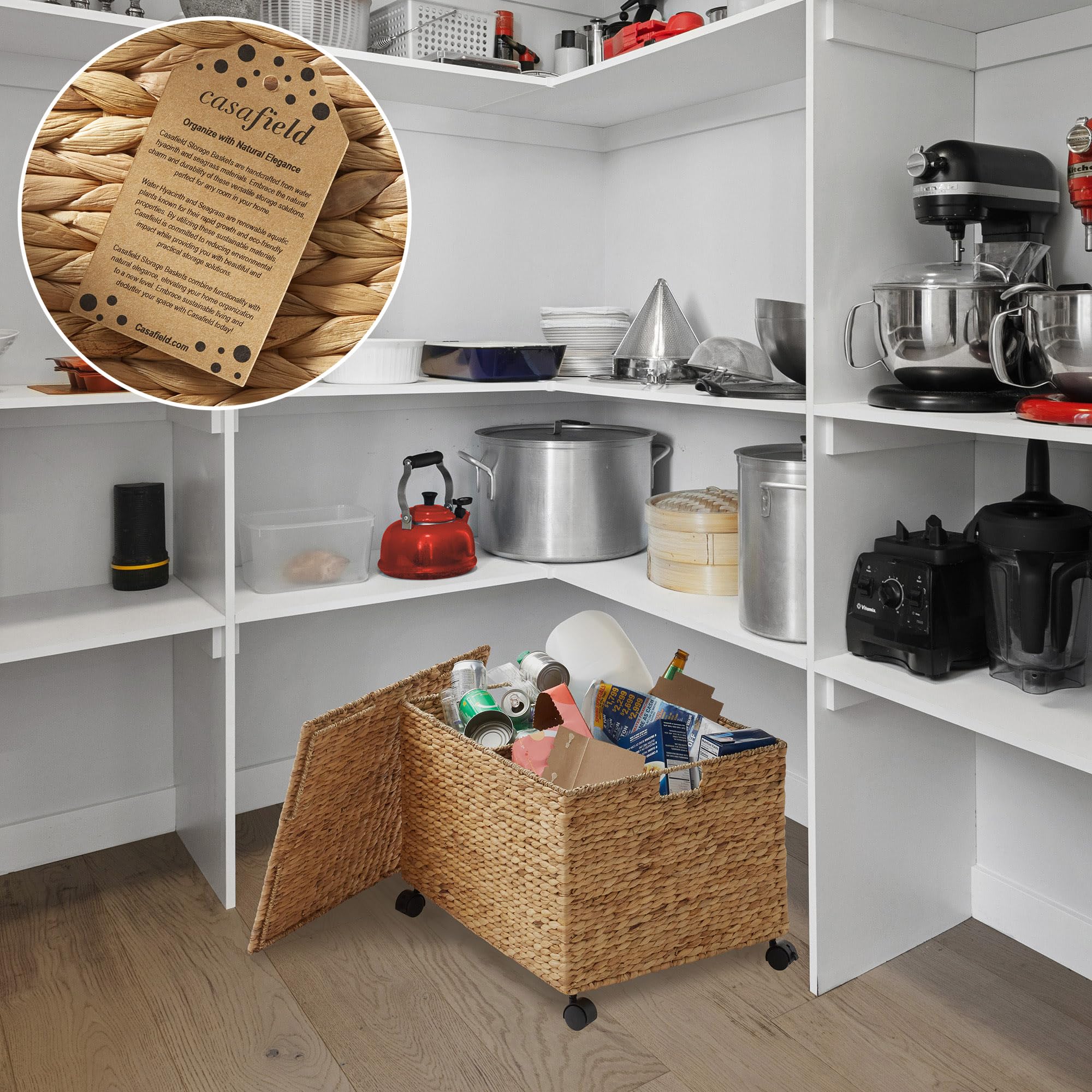 Casafield Rolling Storage Basket Cart with Lid and Locking Wheels, Natural - Handwoven Water Hyacinth Divided Recycling Sorting Bin for Kitchen, Laundry Room, Garage