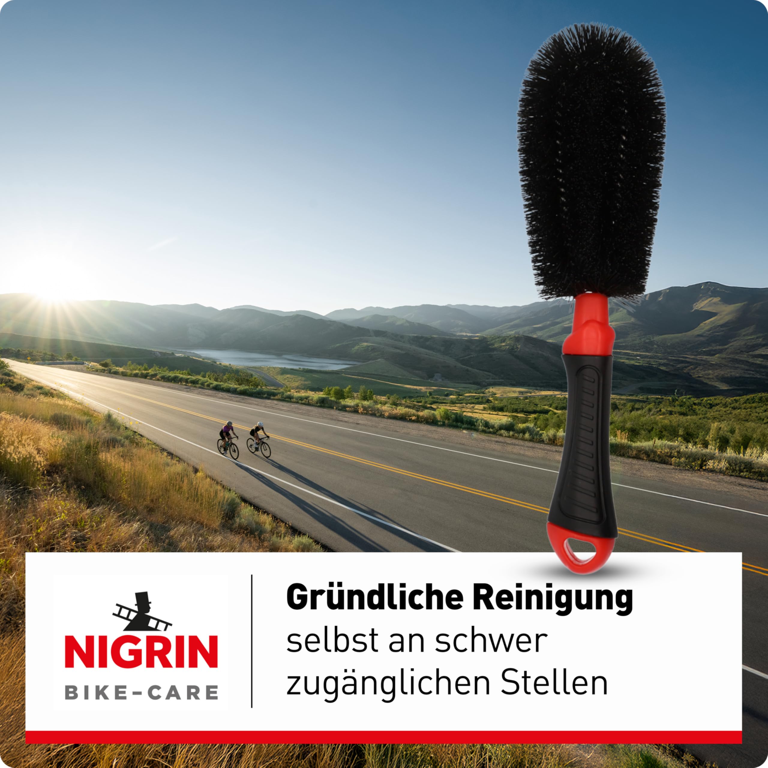 NIGRIN Bike Care szczotka do czyszczenia felg, wysokiej jakości szczotka uniwersalna, idealna do felg, szprych, kół jezdnych i piast, odporny na uderzenia i antypoślizgowy uchwyt, czarny, czerwony, 1