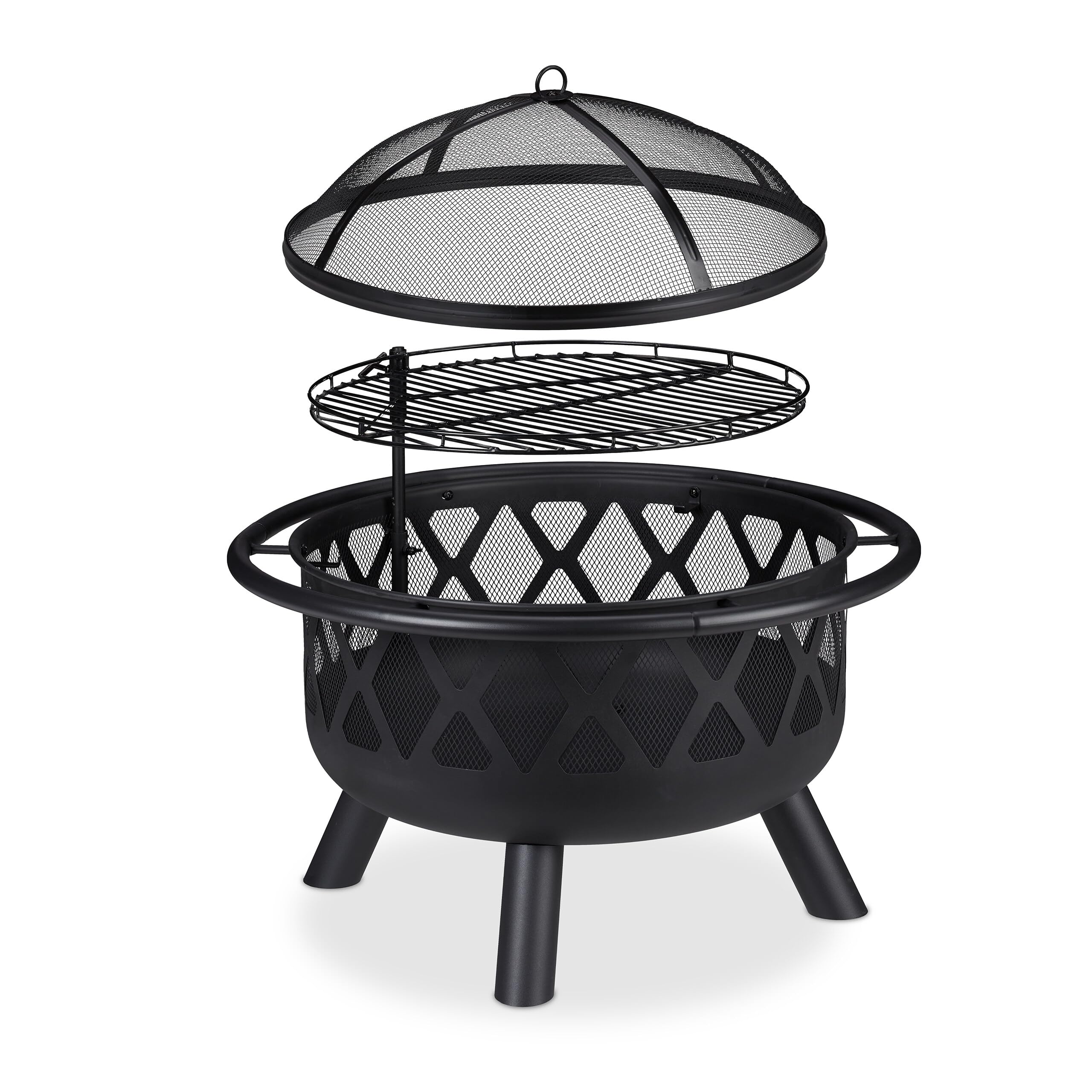 Relaxdays Brasero Exterior con Parrilla, Protector Antichispas y Atizador, Estufa Jardín y Terraza, 75 cm, Acero, Negro
