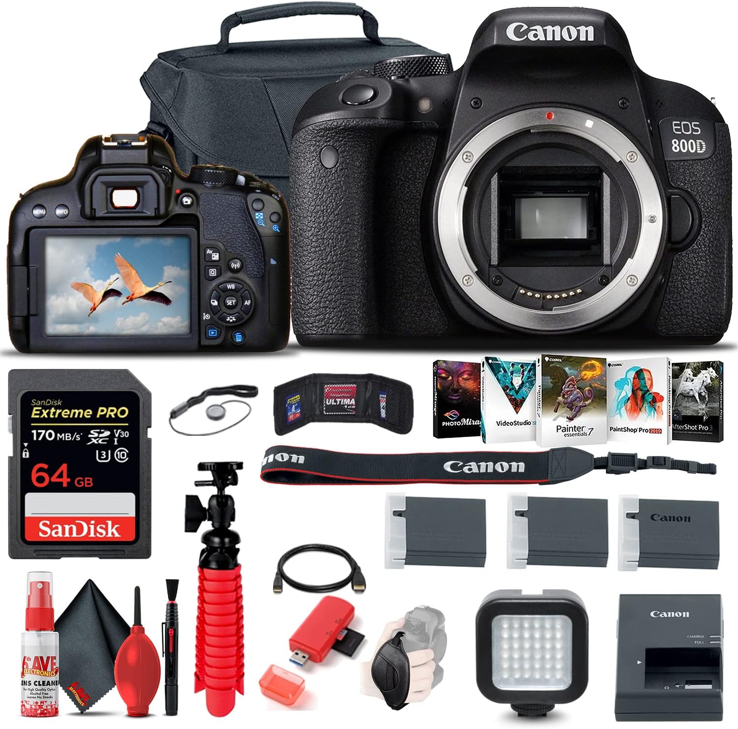 Canon EOS Rebel 800D / T7i DSLR Camera (Body Only), 64GB Memory Card, Case, Corel Photo Software, 2 x LPE17 Battery, Card Reader, LED Light, Tripod + More