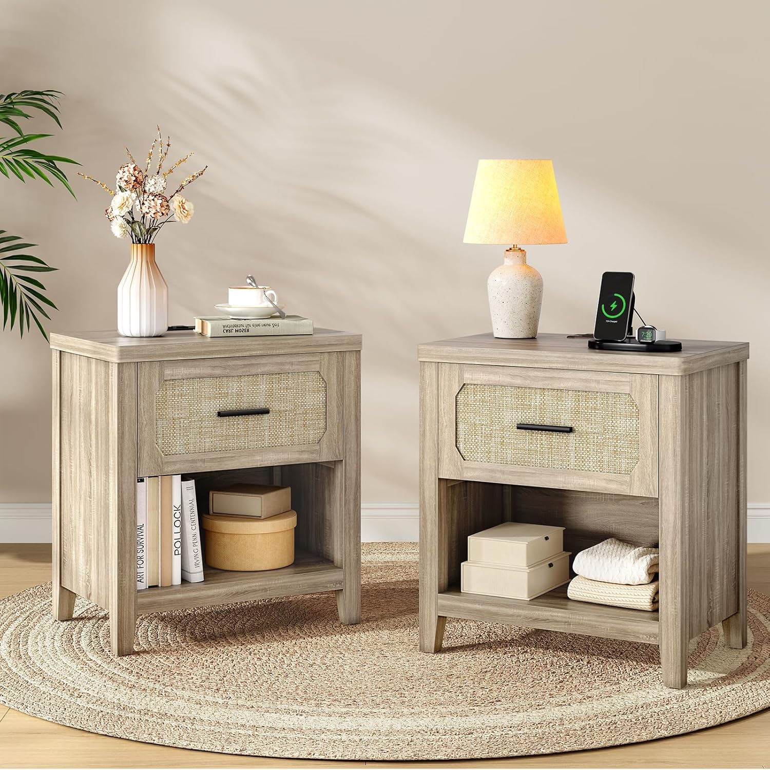 Rattan Nightstand Set of 2 with Charging Station, 22'' Wide Bedside Table with Drawer & Open Shelf, Wood Night Stand End Side Table with Storage for Bedroom, Grey Oak