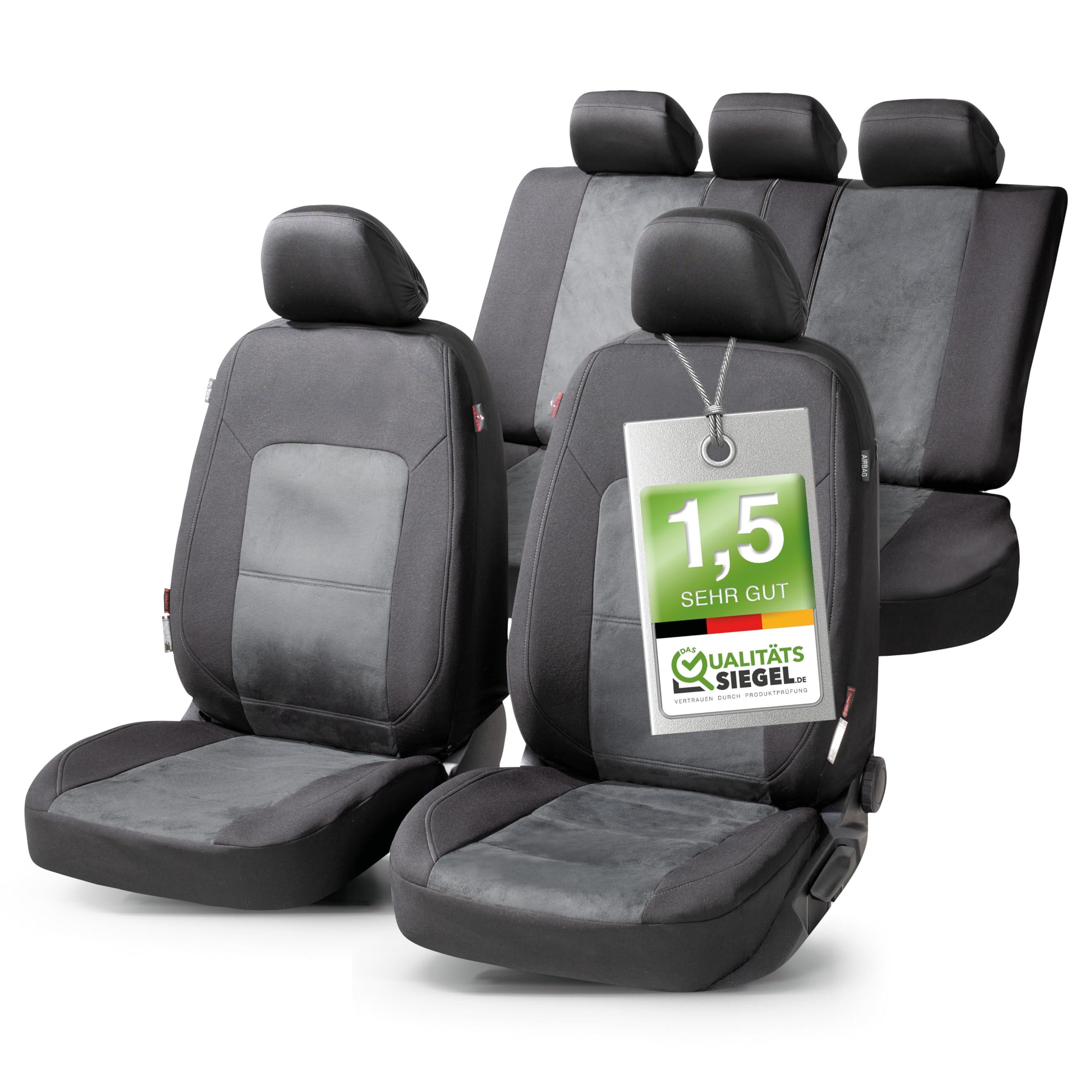 Walser Premium Autositzbezüge Ellington mit Reißverschluss Qualitätssieger Sehr Gut* Sitzbezüge Auto, Zipp-IT Schonbezüge Komplettset, 2 Vordersitzbezüge, 1 Rücksitzbezug schwarz/grau 11865