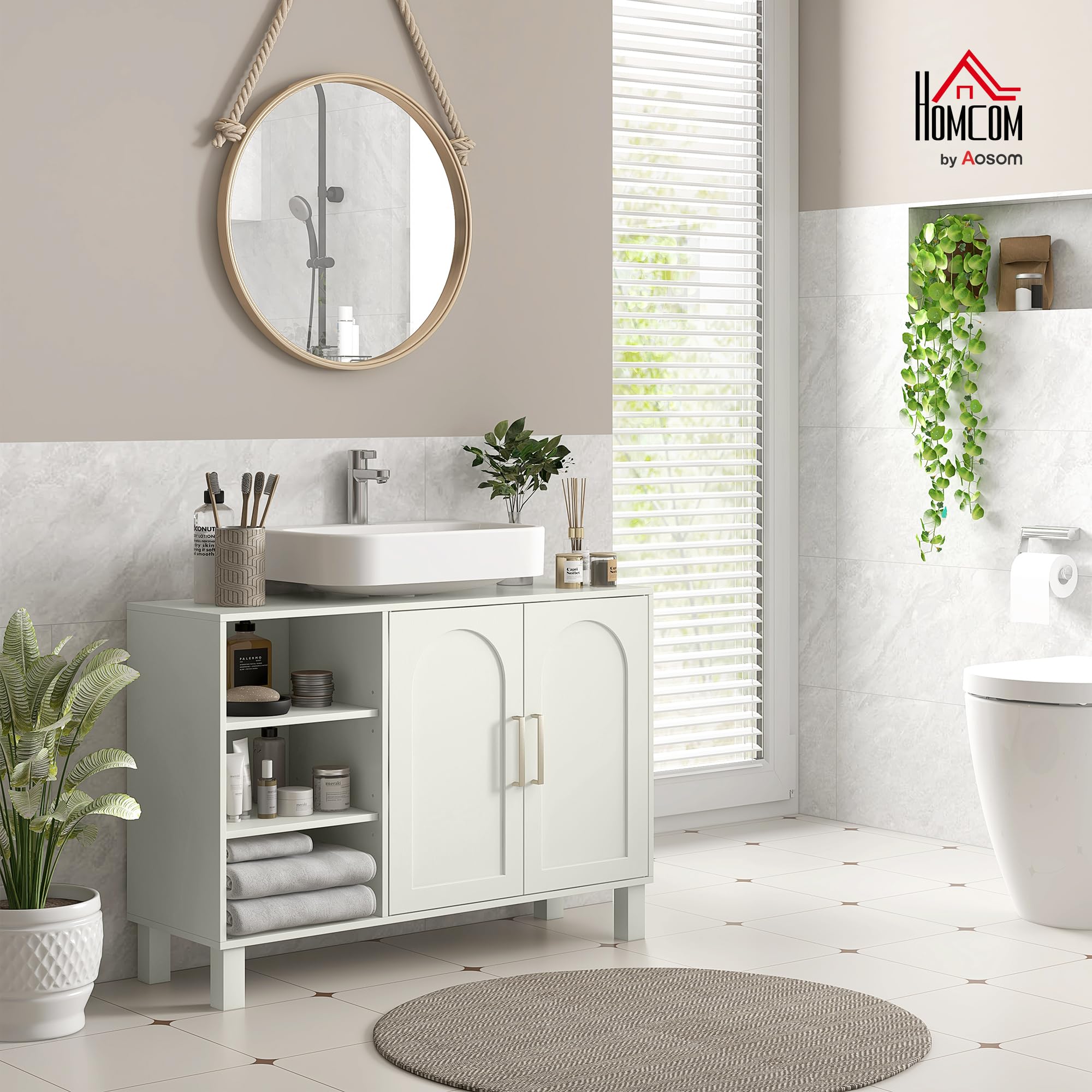 HOMCOM Meuble sous Lavabo, Meuble de Salle de Bain, 90 x 30 x 63 cm, Crème