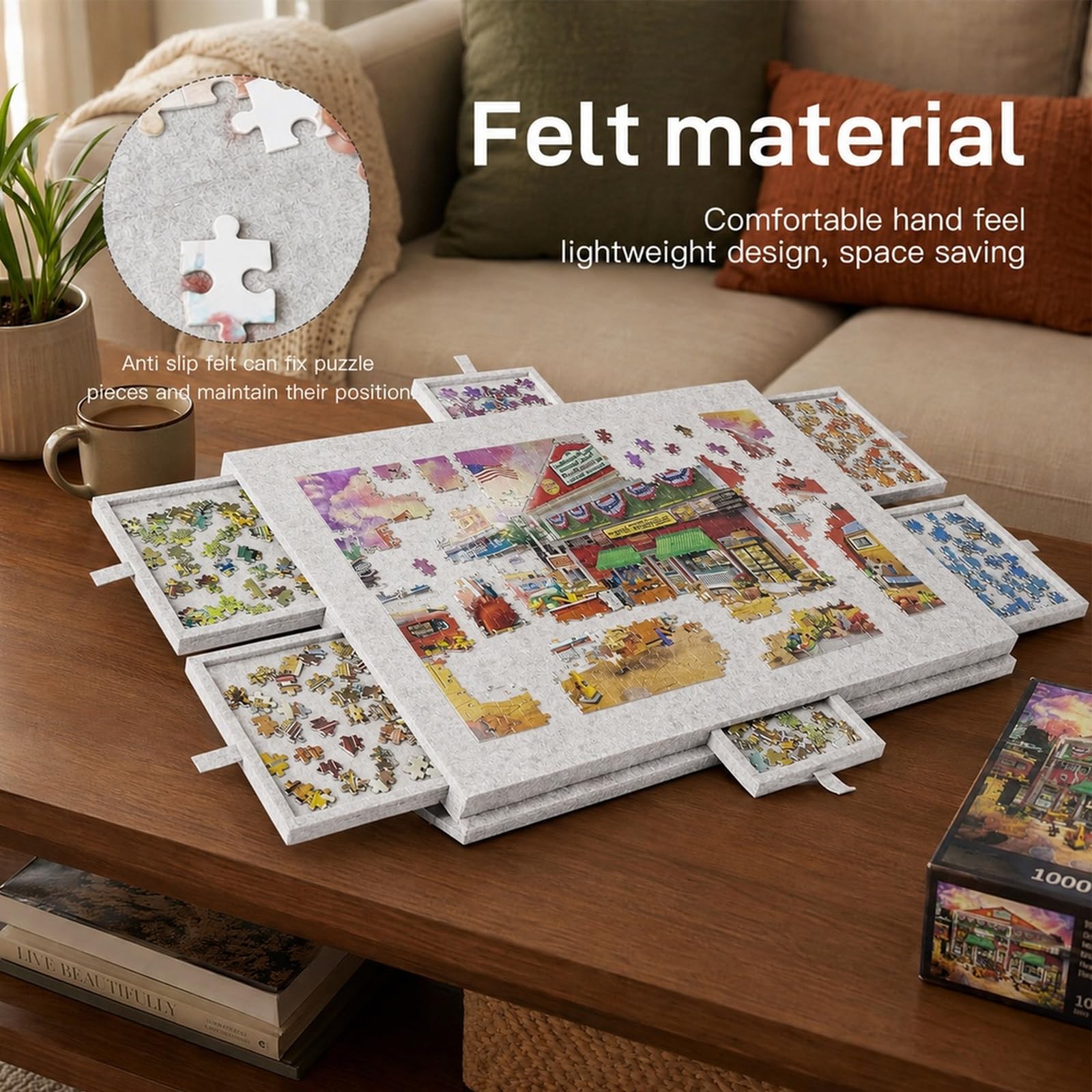 Mesa de rompecabezas de 1000 piezas, tablero de puzle portátil con 6 cajones y cubierta, tablero de puzle de fieltro ligero, mesa de rompecabezas de 1000 piezas, accesorios para puzles para adultos