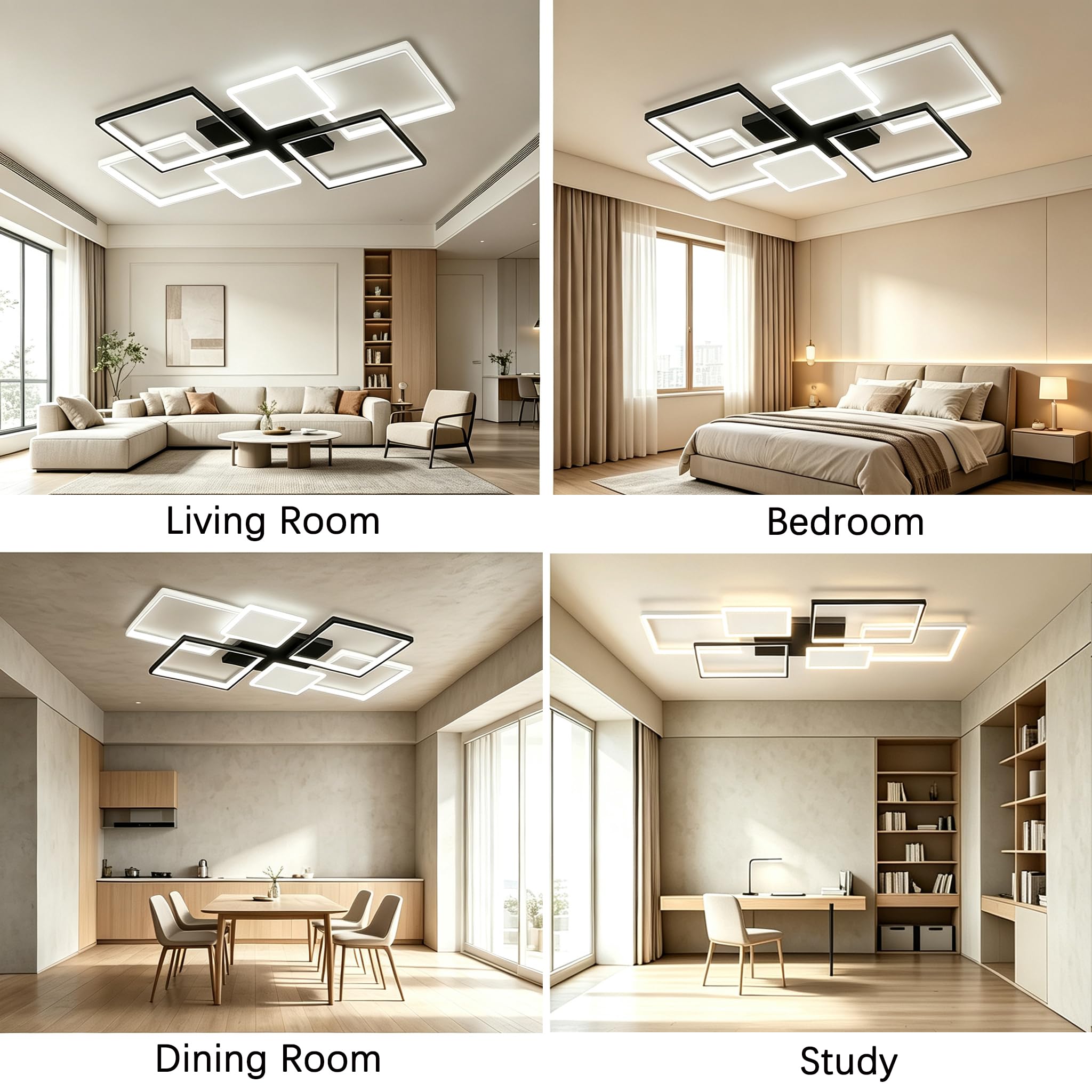 LIUYU Lámpara led de techo salón regulable 90x60cm negro-blanco 75W | Lámpara techo con mando a distancia, 6400lm, diseño rectangular, memoria 3000-6500K, luz de techo salón cocina dormitorio