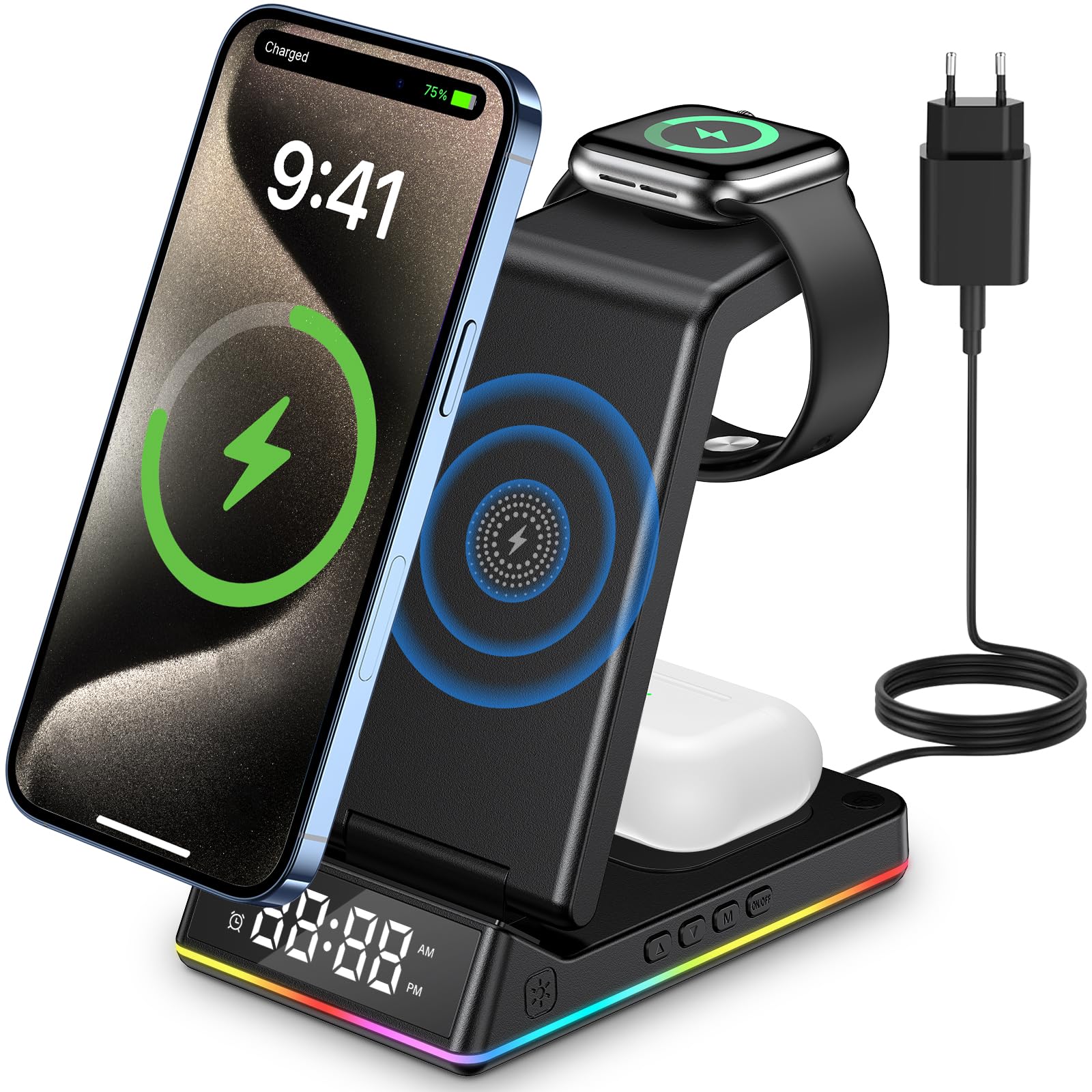 Stacja ładująca 5 w 1 Apple Watch i iPhone, bezprzewodowa ładowarka indukcyjna iPhone z zegarem wyświetlaczem LED, lampka nocna RGB, stacja ładująca do słuchawek AirPods, biurko, do sypialni