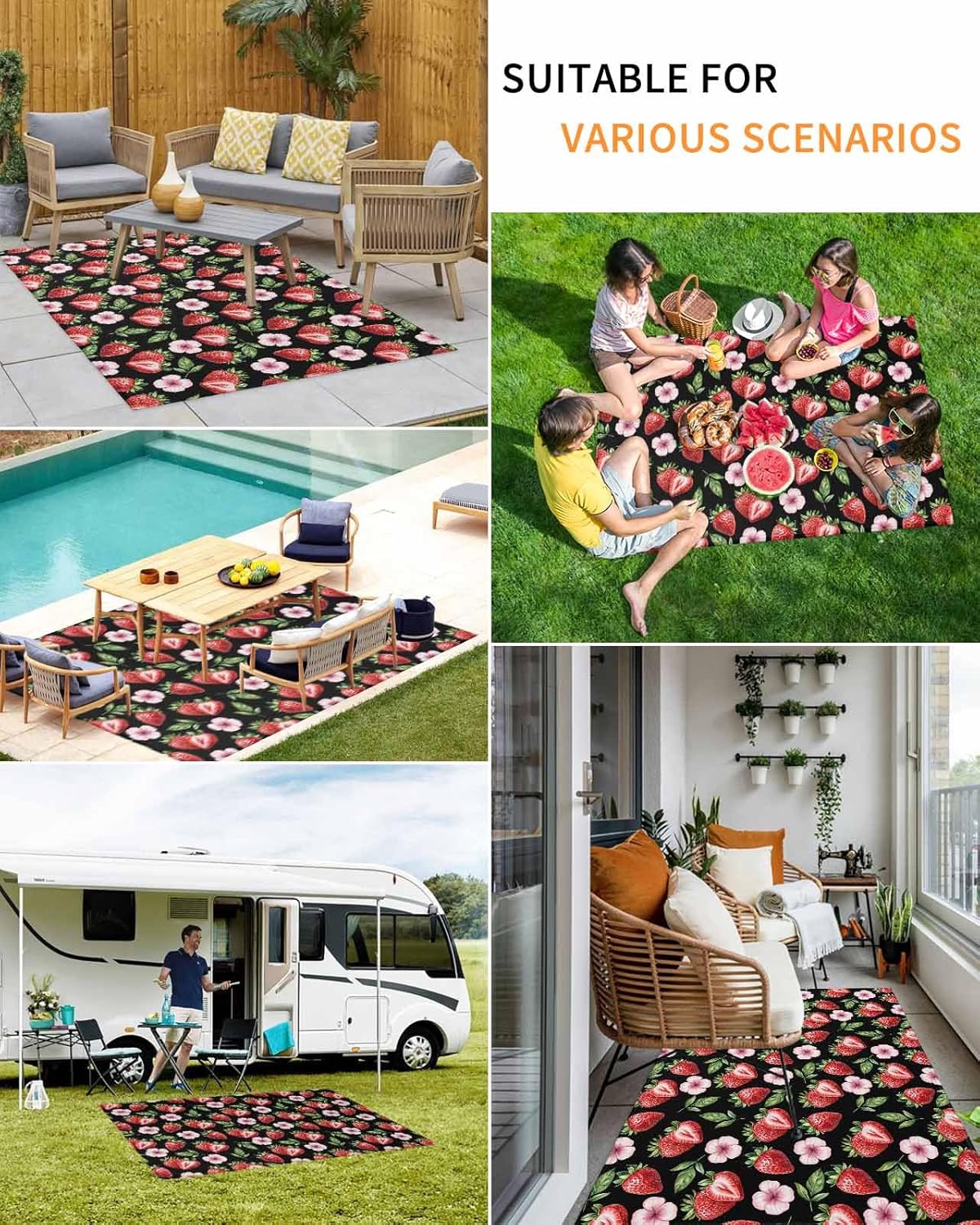 Strawberry Outdoor Rug 4x6ft, Fruit Summer Watercolor Black Background Highly Absorbent Outdoor Area Rug Non-Slip Carpet Mats for Patios, Porches, Hallways and Camping