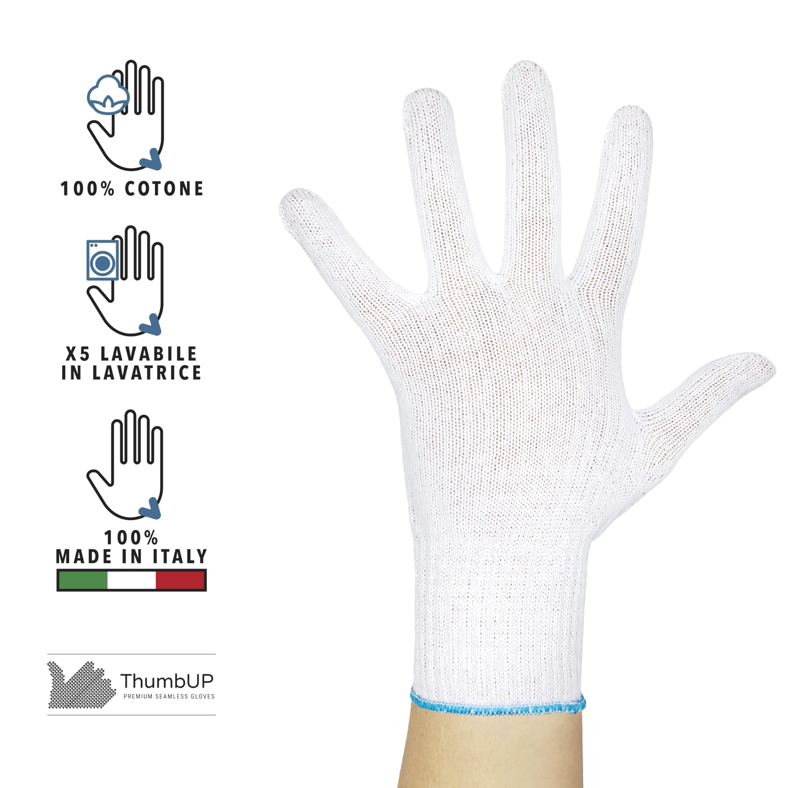 ThumbUP Supersoft - 12 Paia di Guanti in 100% Cotone Made in Italy Since 1994, Ipoallergenici Latexfree, Senza Cuciture, Lavabili Riutilizzabili, Bianco, Taglia XL