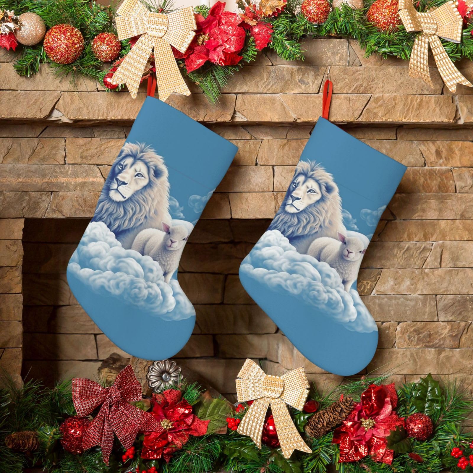 Fodpand Boys Black Lamb With A Lion On The Clouds Christmas Stockings Hanging Ornaments For Holiday Decor, 18 Inches Velvet Fireplace Hanging Xmas Stocking, Candy Gift Bags For Christmas Decorations