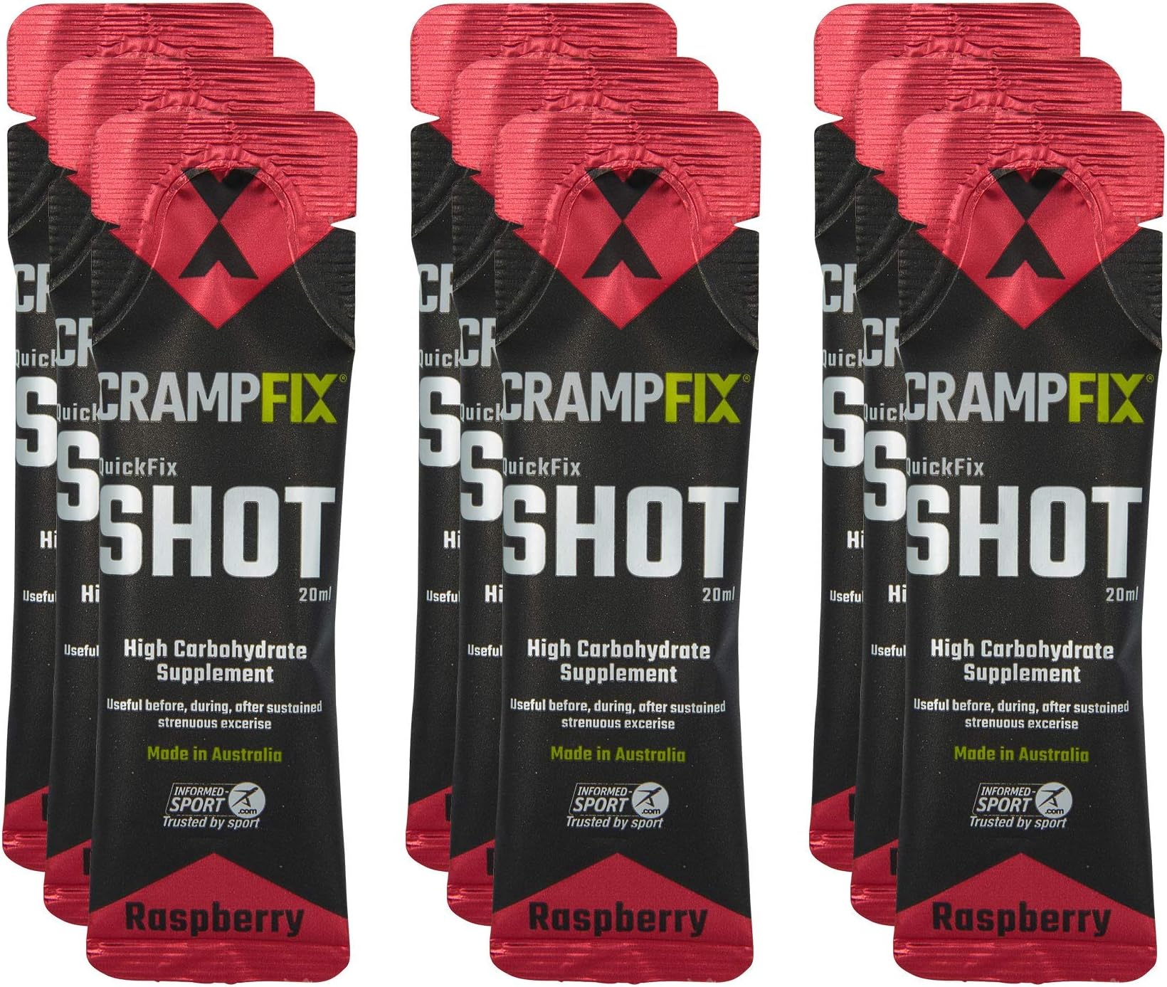 Sports Shot, Prevents and Relieves Muscle Cramps, Leg, Calf, Hamstring Cramps, 9 Pack Easy Carry Sachet Shots, All Natural Raspberry (Packaging may vary)