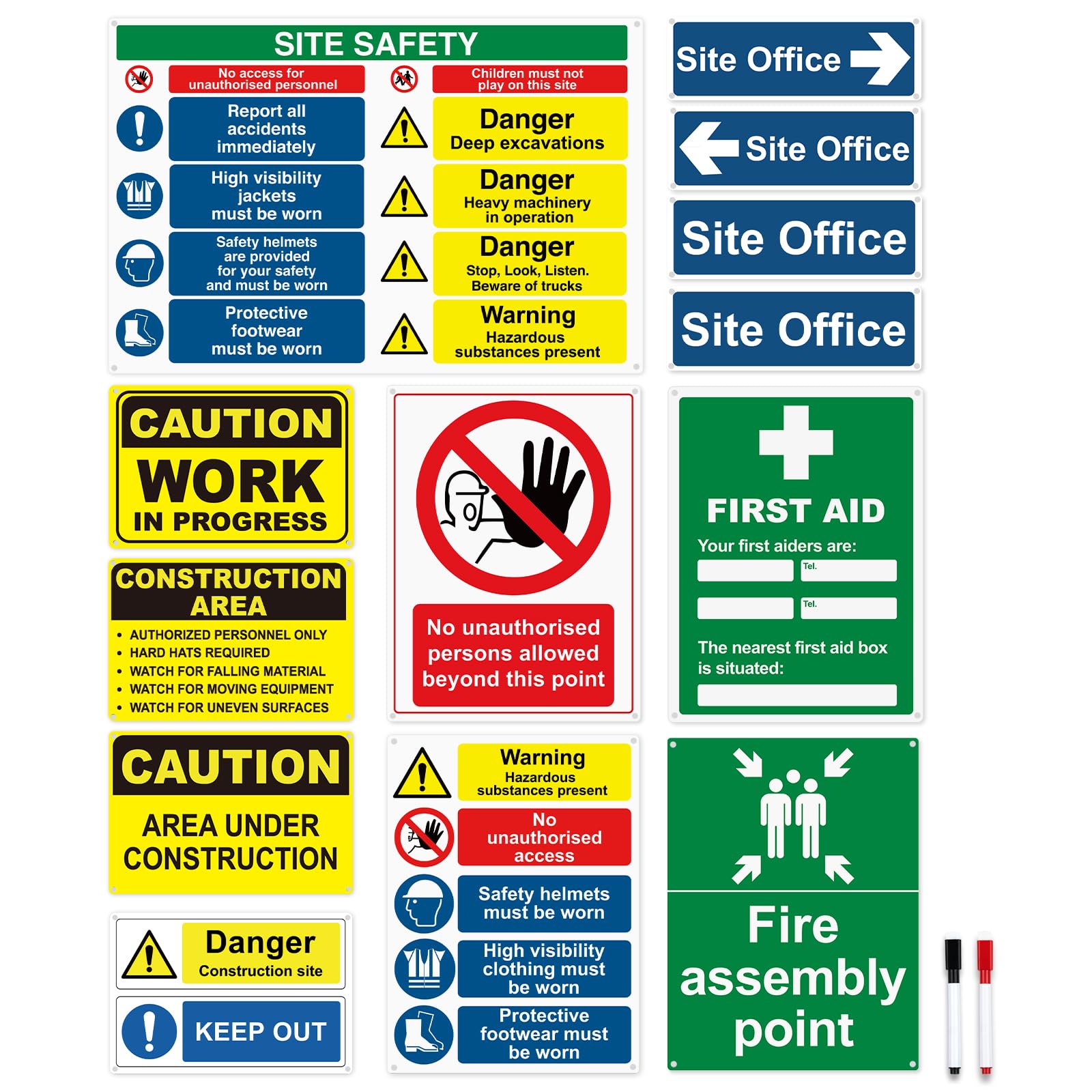 Kit de señales de seguridad para obras de construcción, paquete de 14 unidades, seguridad en el sitio, primeros auxilios, sin acceso no autorizado, punto de montaje de incendios y oficina en el sitio,