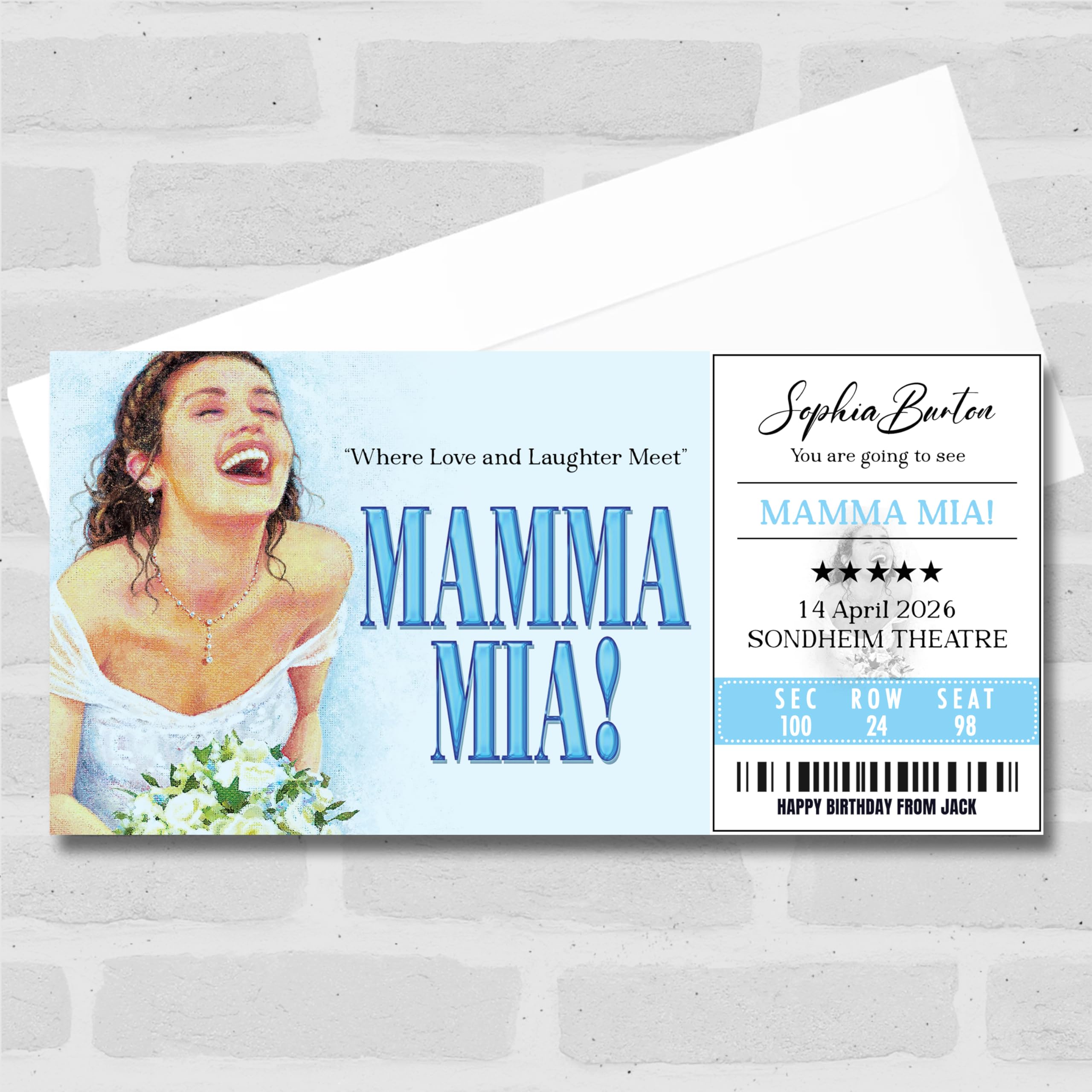 Greetings Card - Mamma Mia Personalised Gift Voucher Surprise Musical Theatre Ticket | Custom Greetings Card | Surprise Reveal Voucher Spoof Ticket