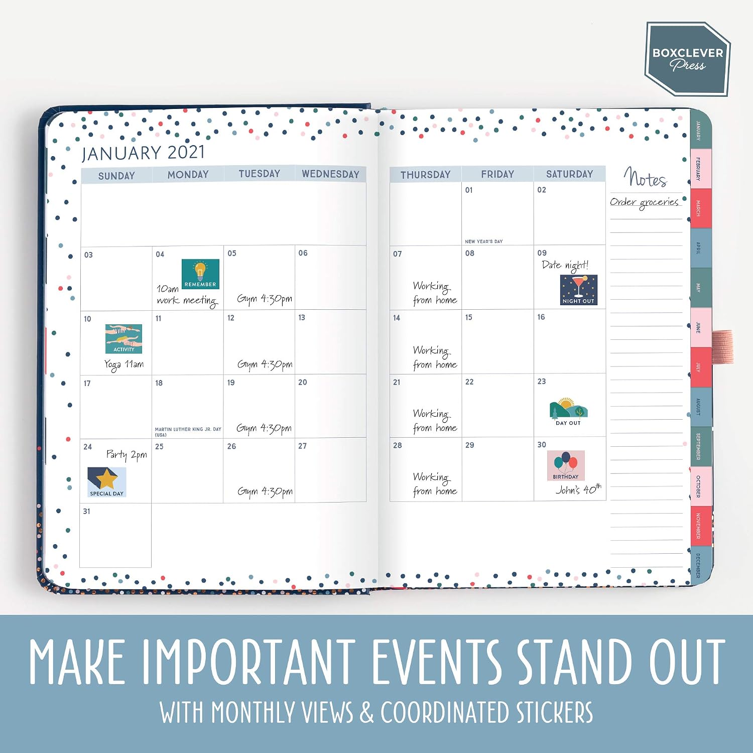 Boxclever Press Perfect Year Planner 2021. 8.5 x 5.5 Weekly Planner for Perfect Organization. Stunning 2021 Planner with Coated Month Tabs, Note Pages, Shopping Lists, Stickers & Pocket (Confetti)