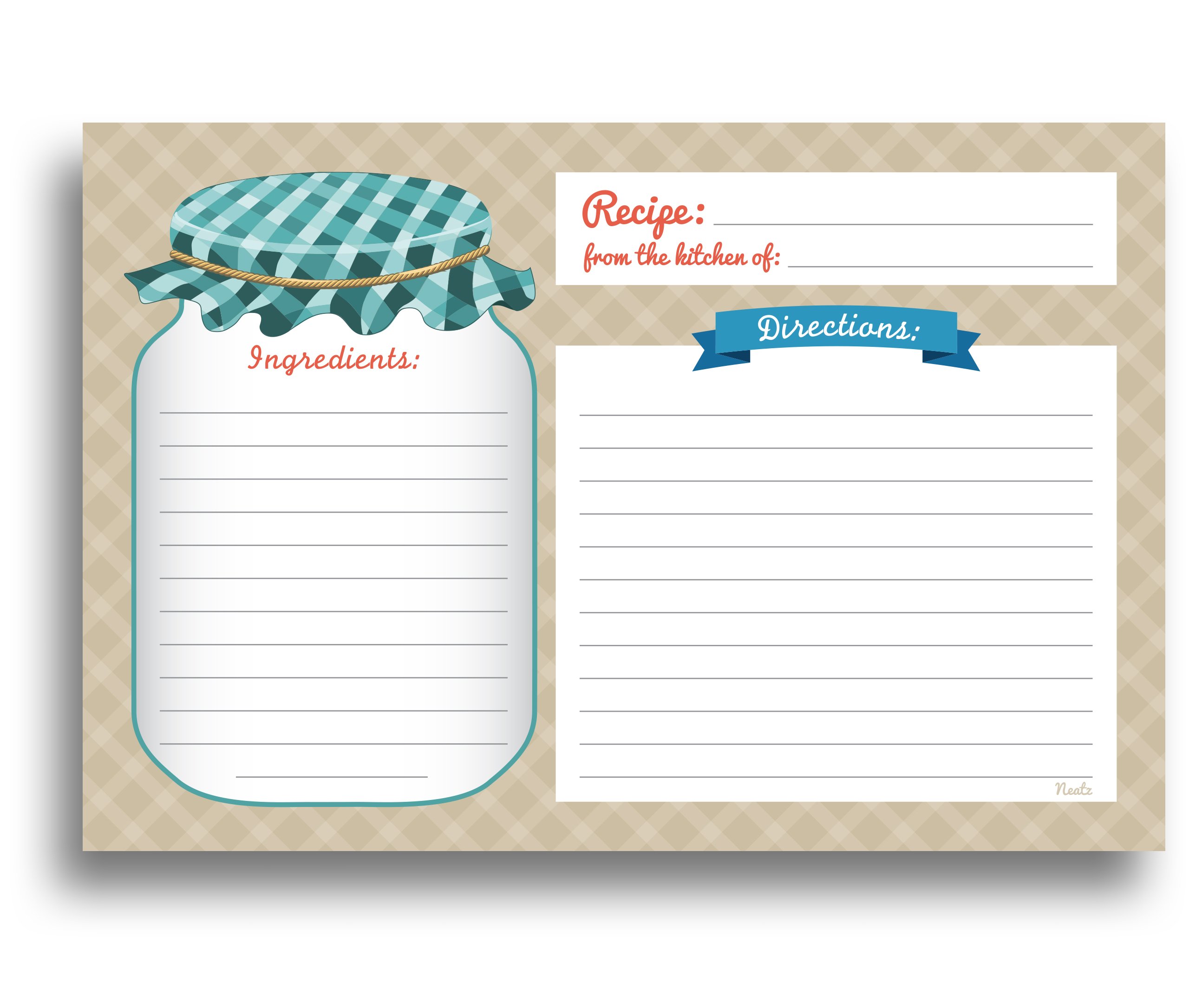 Neatz Mason Jar Recipe Cards - 50 Double Sided Cards, 4x6 inches. Thick Card Stock