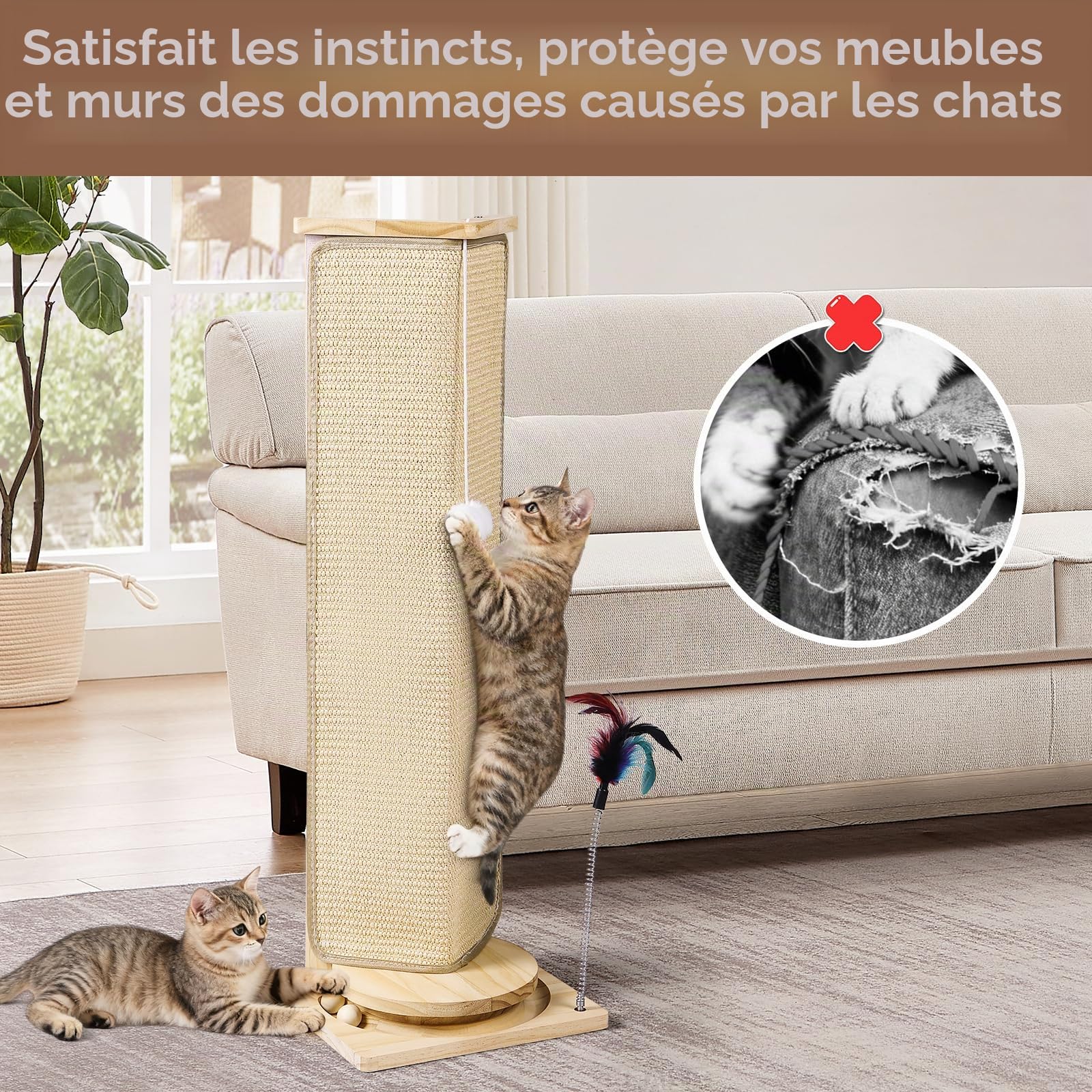 Griffoir d'angle pour chat de 78,7 cm de haut avec balles interactives, griffoir en sisal remplaçable pour chats d'intérieur, protection de meubles pour mur de canapé