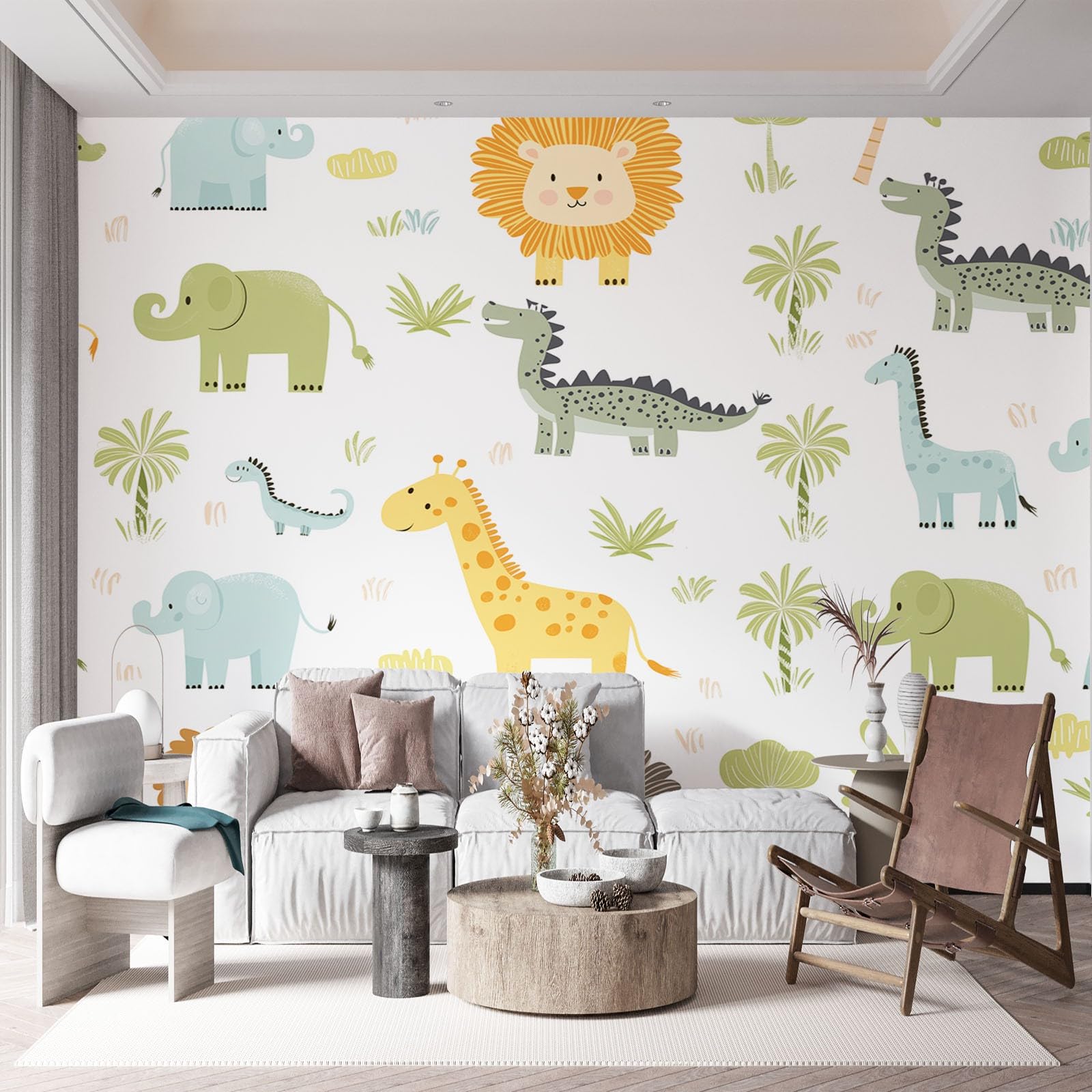 Kreskówka zwierzę lew słoń mural ścienny, kreskówka dinozaury wzór fototapeta, nowoczesna włóknina mural plakat tapeta do salonu lub sypialni dziecięcej, 300 x 210 cm (szer. x wys.)