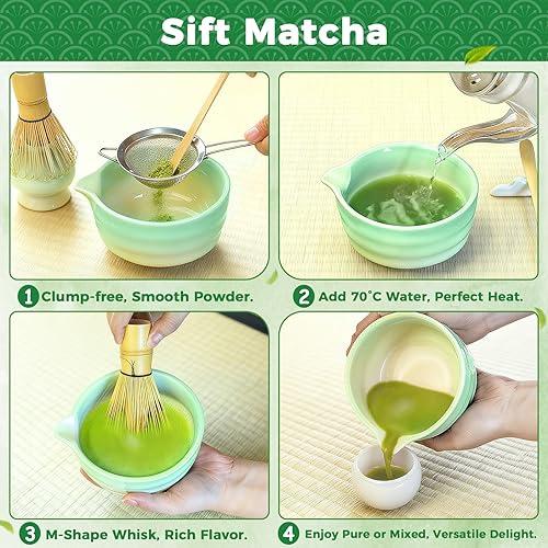 Miniatura 4 de Evoio Juego de matcha, 10 piezas de batidor japonés de matcha con cuenco de cerámica, batidor de bambú, tamiz inoxidable, cuchara y soporte, regalo