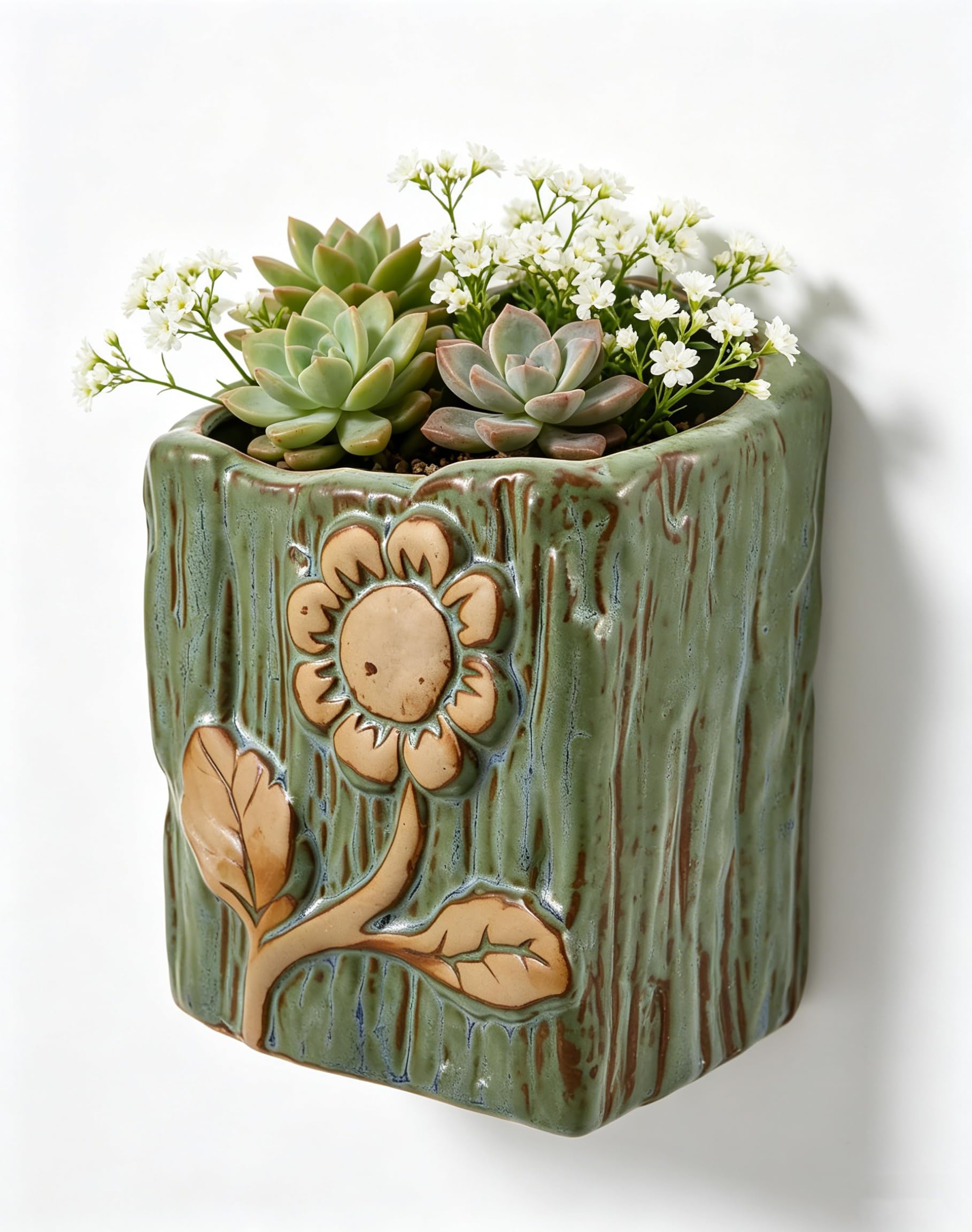ibasenice Ceramic Wall Mounted Planter Pot, Rustic Hanging Flower Pot for Pothos Succulents Herbs, Indoor Outdoor Balcony Use, Vintage Floral Vertical Garden Decor