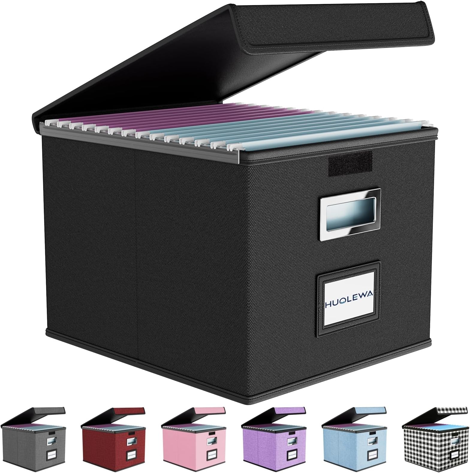 File Organizer Box with Lid, Collapsible File Folder Organizer for Office Document Storage, Filing Box with Plastic Slide for Letter Size Hanging File Folders(1 Pack, Black)