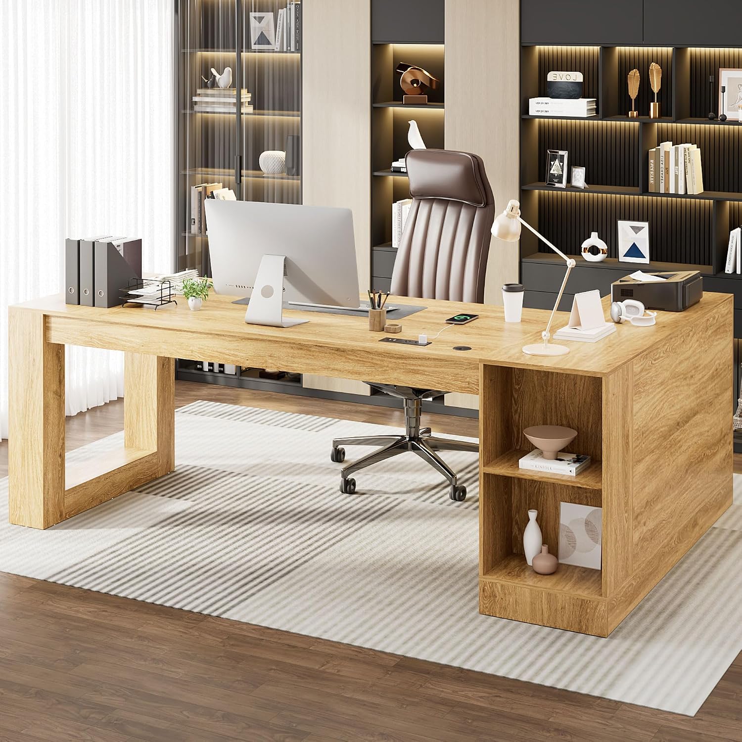Squireewo 86" L Shaped Executive Desk with Drawers, Extra Large Modern Office Desk with File Cabinet, Big Computer Desk with Power Outlet for Home Office, Walnut