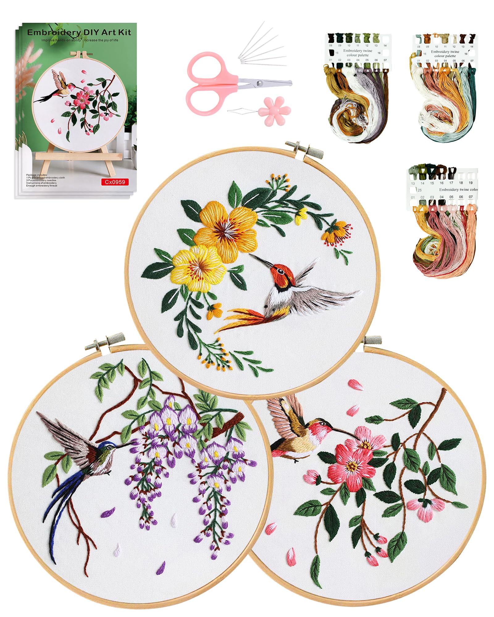 Santune 3 Sets Embroidery kit for Beginners Adults with Stamped Hummingbird Patterns,Cross Stitch Kits Including Clear Instructions,Video Tutorials,Hoop,Color Threads and Tools