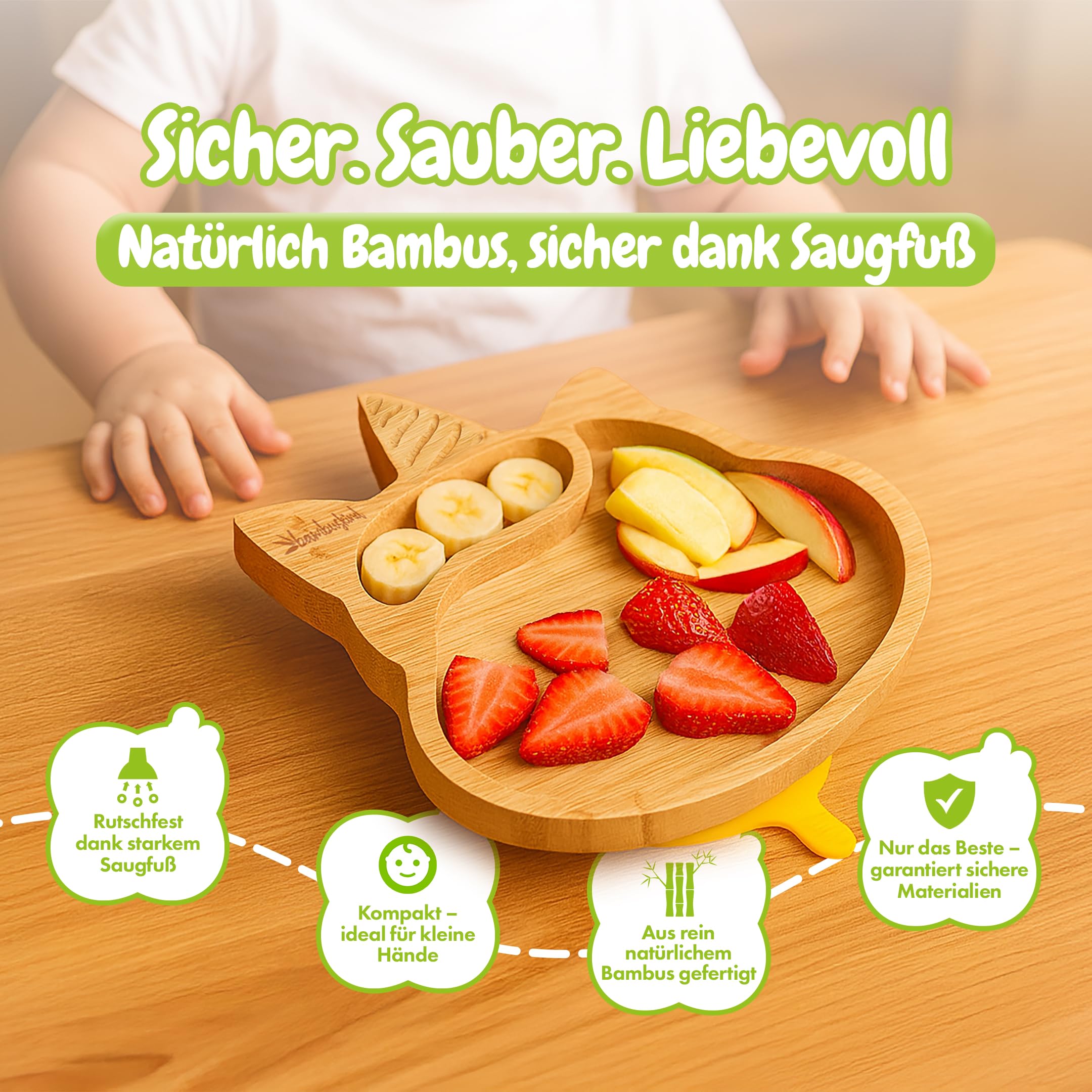 Kinderteller mit Saugnapf – Unicorn Design | Rutschfester Babyteller aus Bambus | Geteilter Teller für Baby & Kleinkind | Frei von BPA, Melamin & Plastik