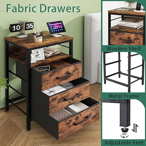 Miniatura 7 de IBUYKE Mesita de noche con estación de carga, mesita de noche con 3 cajones de tela, mesita de noche con puertos USB y tomas, mesa auxiliar para