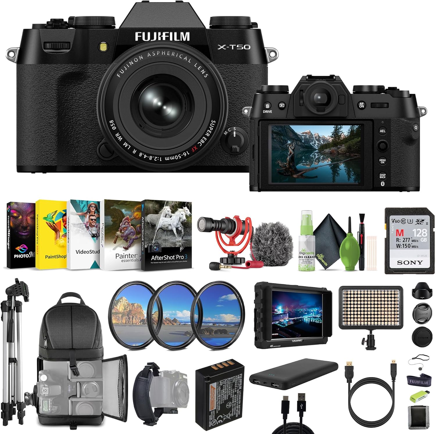 Fujifilm X-T50 Mirrorless Digital Camera XF16-50mmF2.8-4.8 R LM WR Lens Bundle Kit with 128GB UHS-II Memory Card + Tripod + Video LED Light + Rode Microphone + 7″ HD Monitor + More Accessorie – Black
