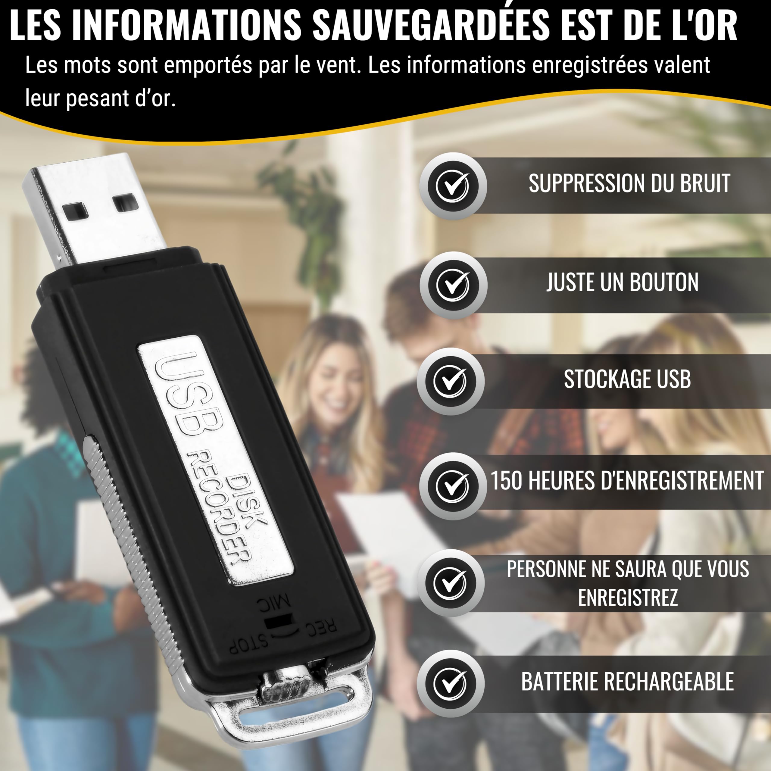 Enregistreur Vocal Espion Discret | Micro Espion Enregistreur Audio HD 8 Go Pour Réunions, Interviews, Cours | Micro d’Écoute À Distance Invisible, 500 Heures D'enregistrement, Portable, Autonomie 13H