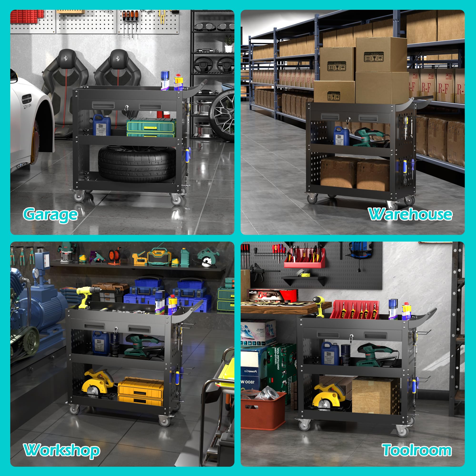 Werkstattwagen Metall-Handwagen Montagewagen 75×70×35 cm, mit Abschließbarer Schublade, Vier Haken, Maximale Tragfähigkeit 150 kg，Schwarz