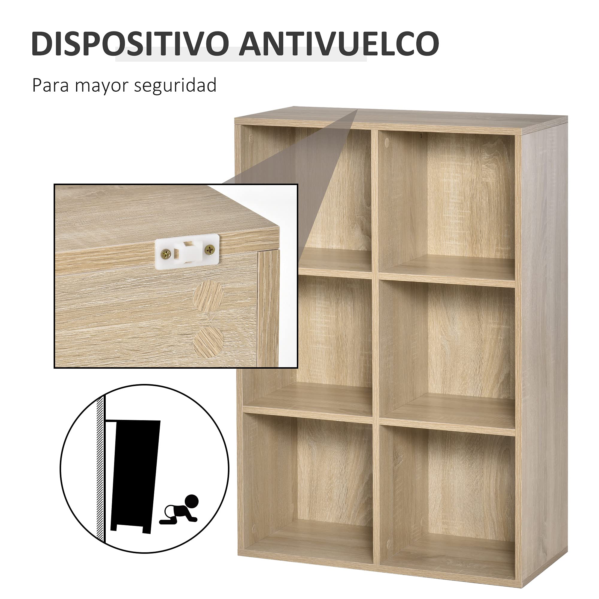 HOMCOM Librería de 3 Niveles, Estantería para Libros con 6 Cubos de Almacenaje, para Sala de Estar, Dormitorio, Estudio, Oficina, 65,5x30x97,5 cm, Roble