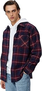 KOTON mens Long Sleeve Pocket Detail Classic Neck Check Plaid Shirt Classic