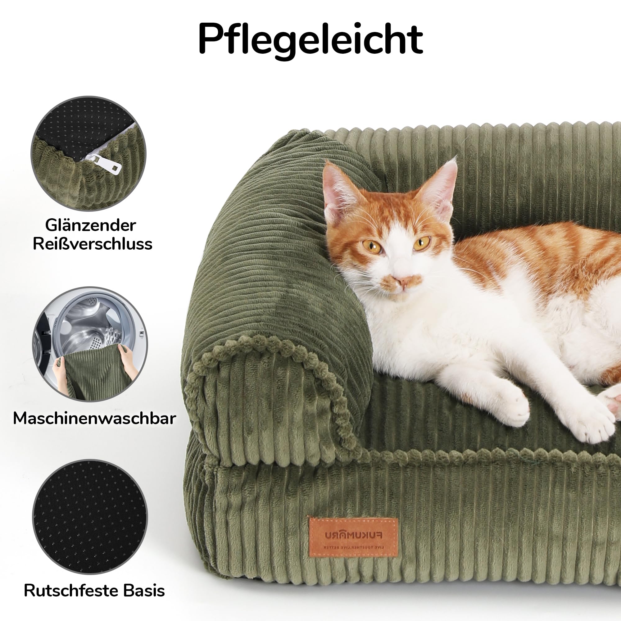 FUKUMARU Katzensofa Bett, Corduroy Gemütliches Katzenbett für drinnen mit abnehmbarem waschbarem Bezug, Stützendes Anti-Rutsch Hundebett Sofa für kleine Hunde, 72 x 52 x 22 cm, Mittel, Grün