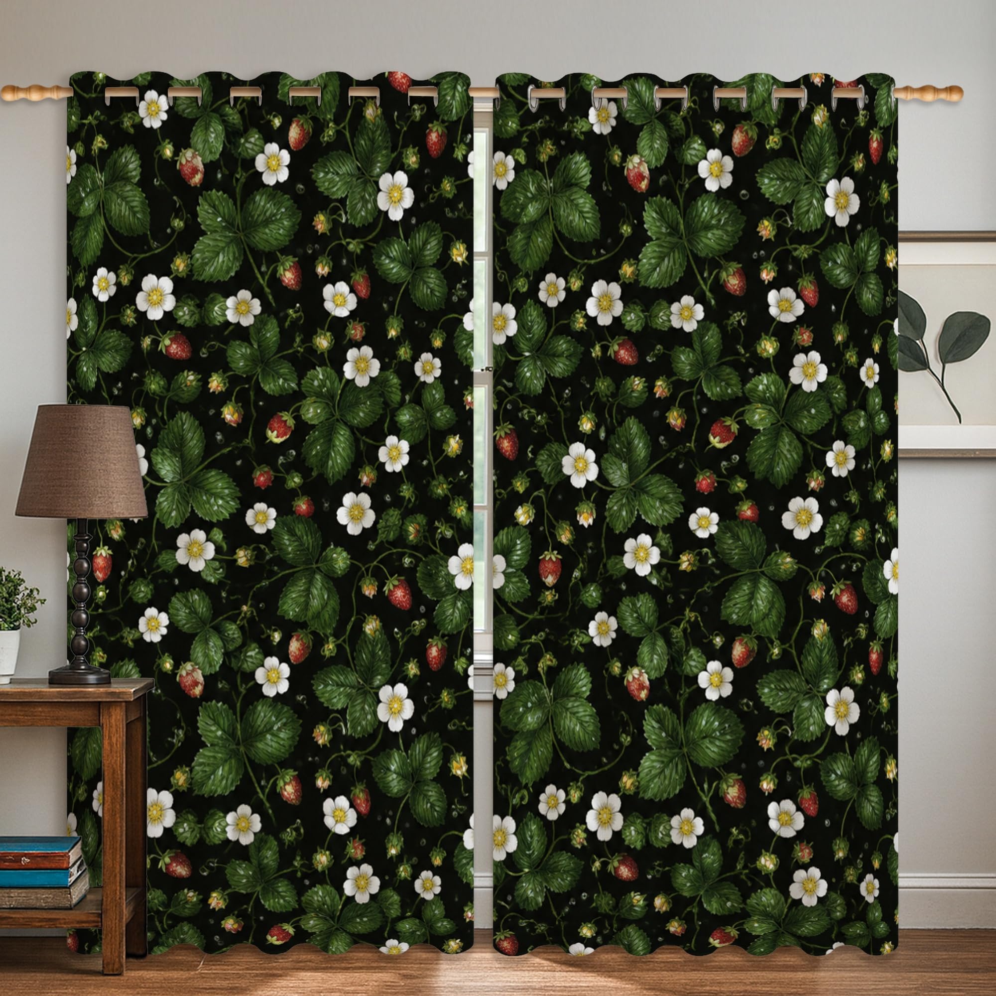 Rideau occultant thermique motif fraises vert été déco de fenêtre bureau 132x183