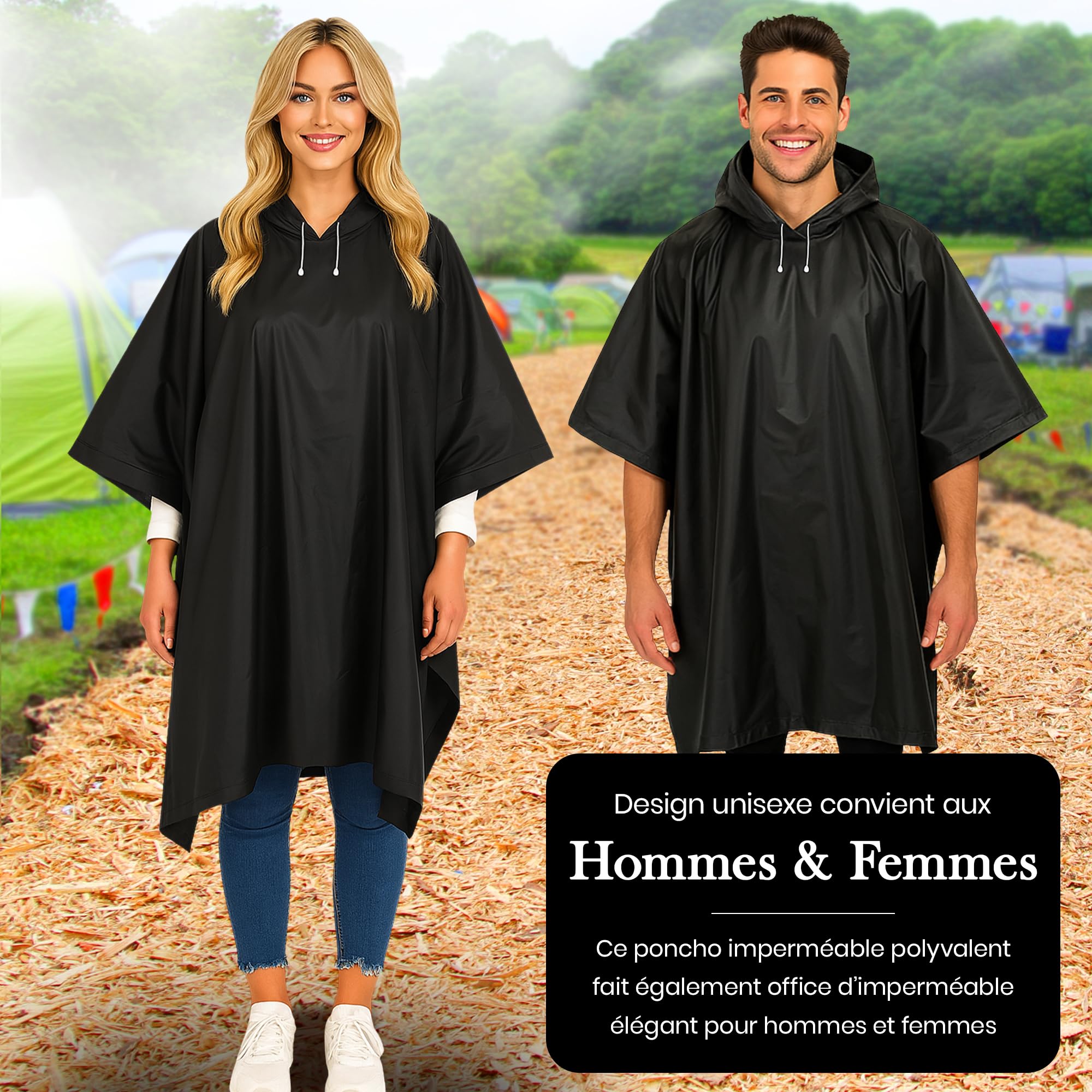 REDSTAR Poncho Pluie Imperméable Femme et Homme avec Capuche - 2 pièces, Enfilage par la tête, Poncho de pluie long pour adultes, Pliable, Pour festival, randonnée, visites, vélo