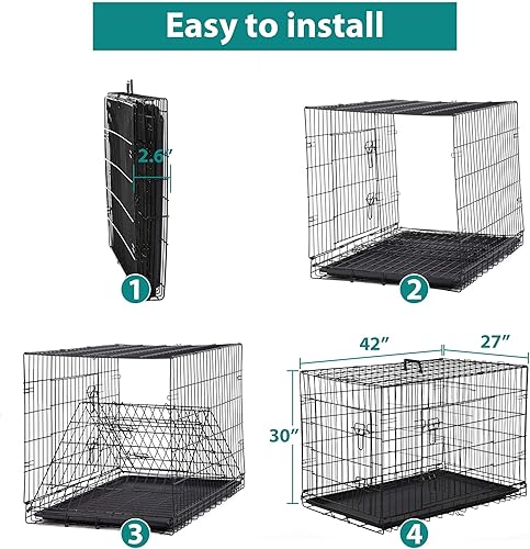Miniatura 5 de Jaula para perros, 42 pulgadas, jaula plegable de metal para perros medianos a grandes, interiorexterior, con panel divisor, color negro