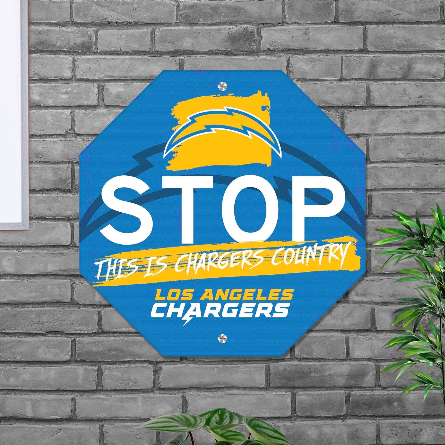 FANMATS 48301 NFL - Los Angeles Chargers Metal Stop Sign | Powder Blue | 18"x18" | Bolt Primary Logo with This is Chargers Country Wordmark