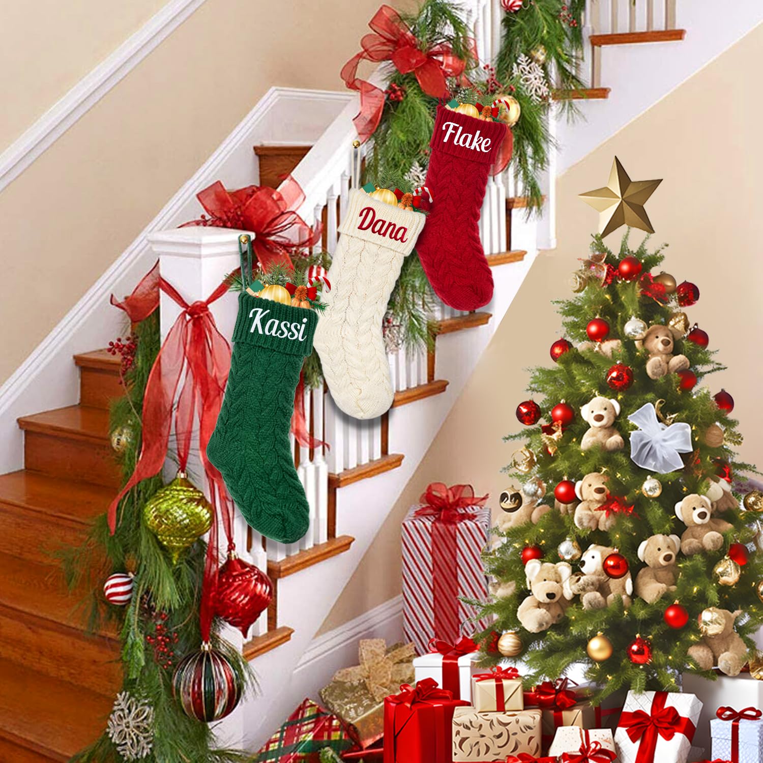 Chaussette De Noël Personnalisée - Broderie Nom - Taille 45 Cm - Tricot épais - Cadeau Familial - Rouge/Bordeaux/Blanc