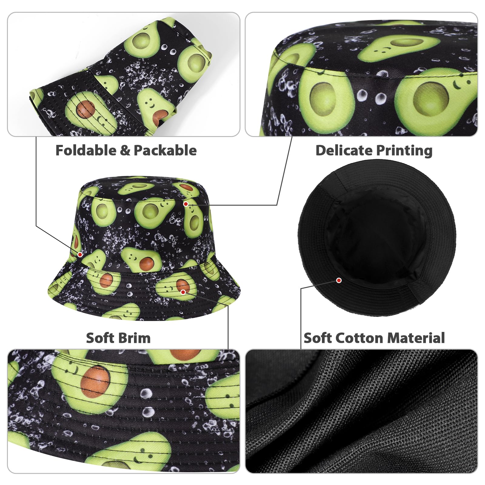 Mujer Sombrero de Pescador Reversible Algodón Bucket Hat, Protección UV Frutas Impresión Vacaciones Sombrero de Sol Ligera Gorra de Pesca, Plegable Verano Gorros de Playa para Viaje Fiesta