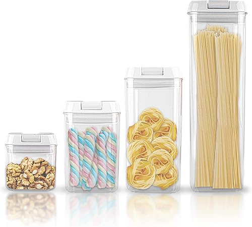 Miniatura 6 de Lutema Juego de 7 recipientes herméticos transparentes para almacenamiento de alimentos con tapas blancas de fácil bloqueo para organización de