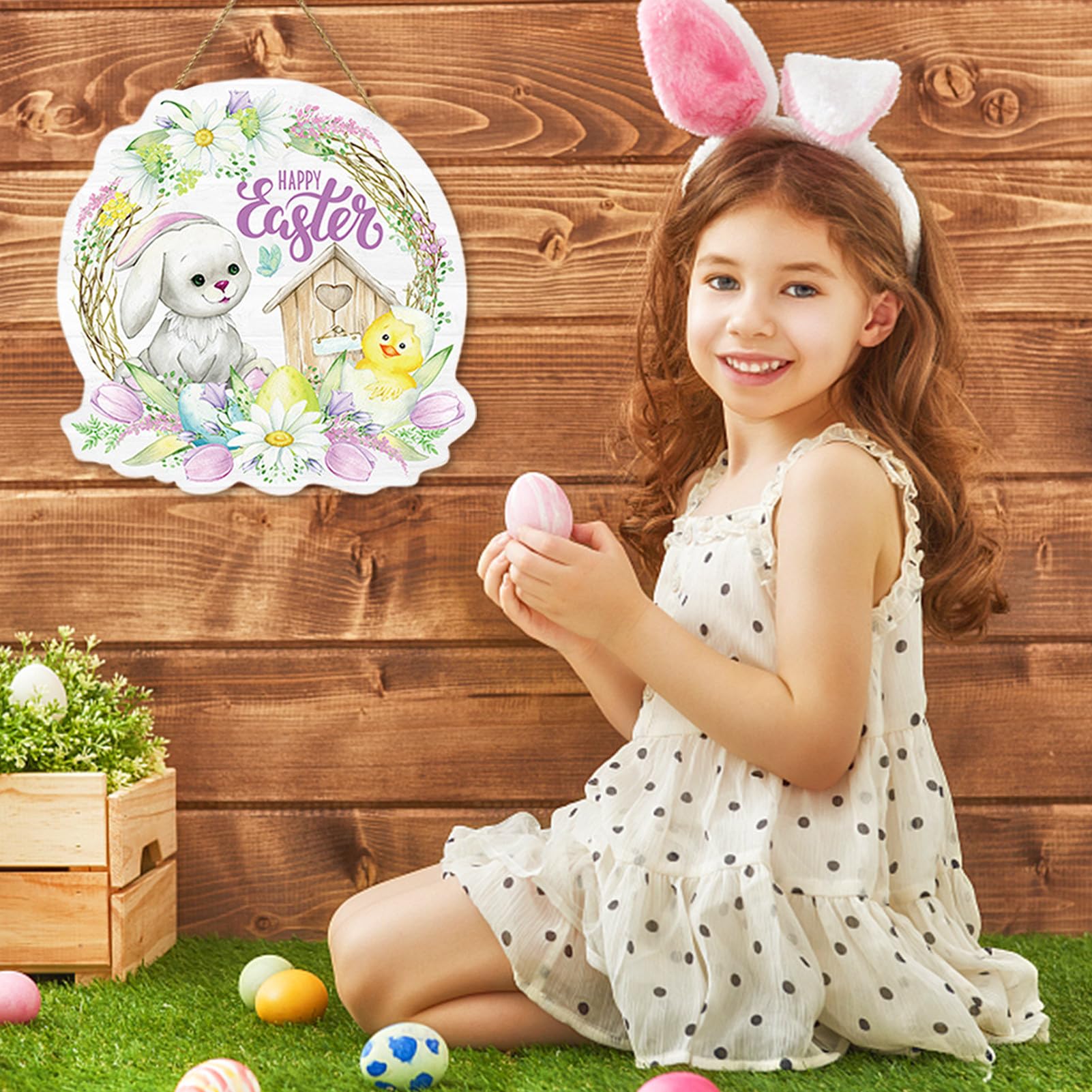 Divertente cartello in legno con scritta Happy Easter (lingua italiana non garantita), rustico, con uova di Pasqua, da appendere, per casa, soggiorno, camera da letto, decorazione artistica da