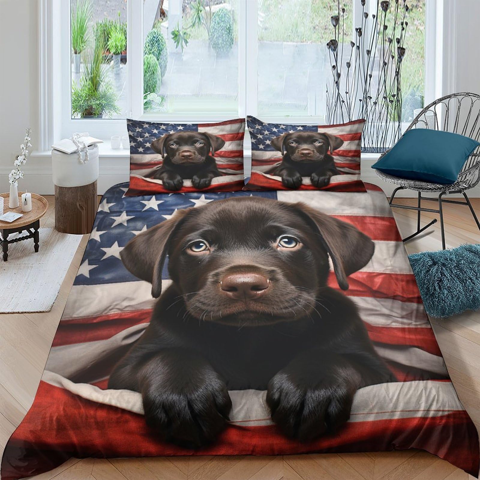 Ctjqhvkz Style-3 3D Printed Black Labrador Dog Fitted Sheet Microfiber Soft American Flag Bed Cover For Bedroom Guest Room Decor Single（135X200cm）