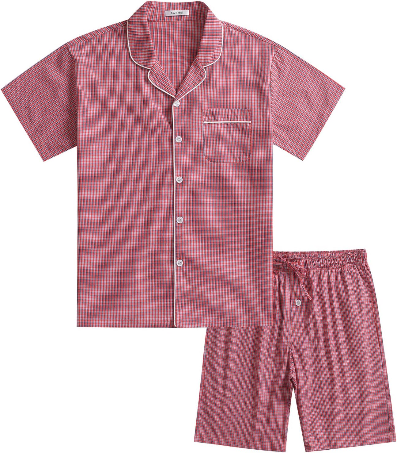 Esenchel Men's Summer Cotton Pajama Set Short Sleeve Button Down Pjs Set