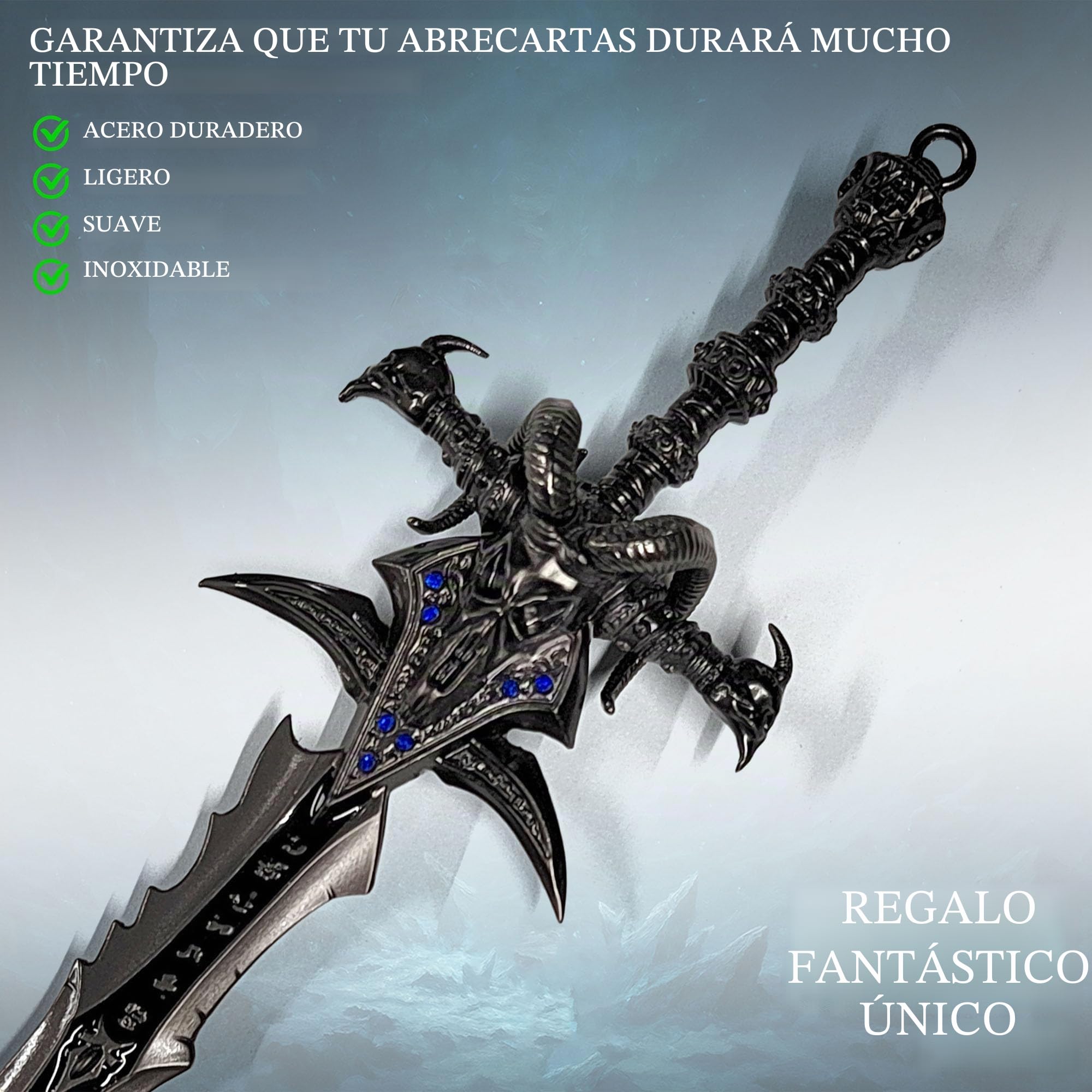 Abrecartas Frostmourne de World of Warcraft en forma de espada con base, 22,5 cm, accesorio para hogar y oficina, regalo y mercancía para fanáticos y coleccionistas