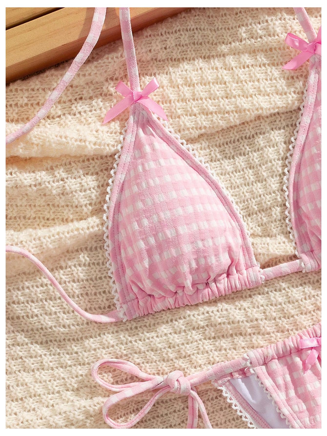 Damskie Komplety Bikini Stringi 2 Częściowe Kratę Halter Trójkątne Stroje Kąpielowe Głęboko Wycięte Stringi Bezczelne Kostiumy Kąpielowe Różowy Duży