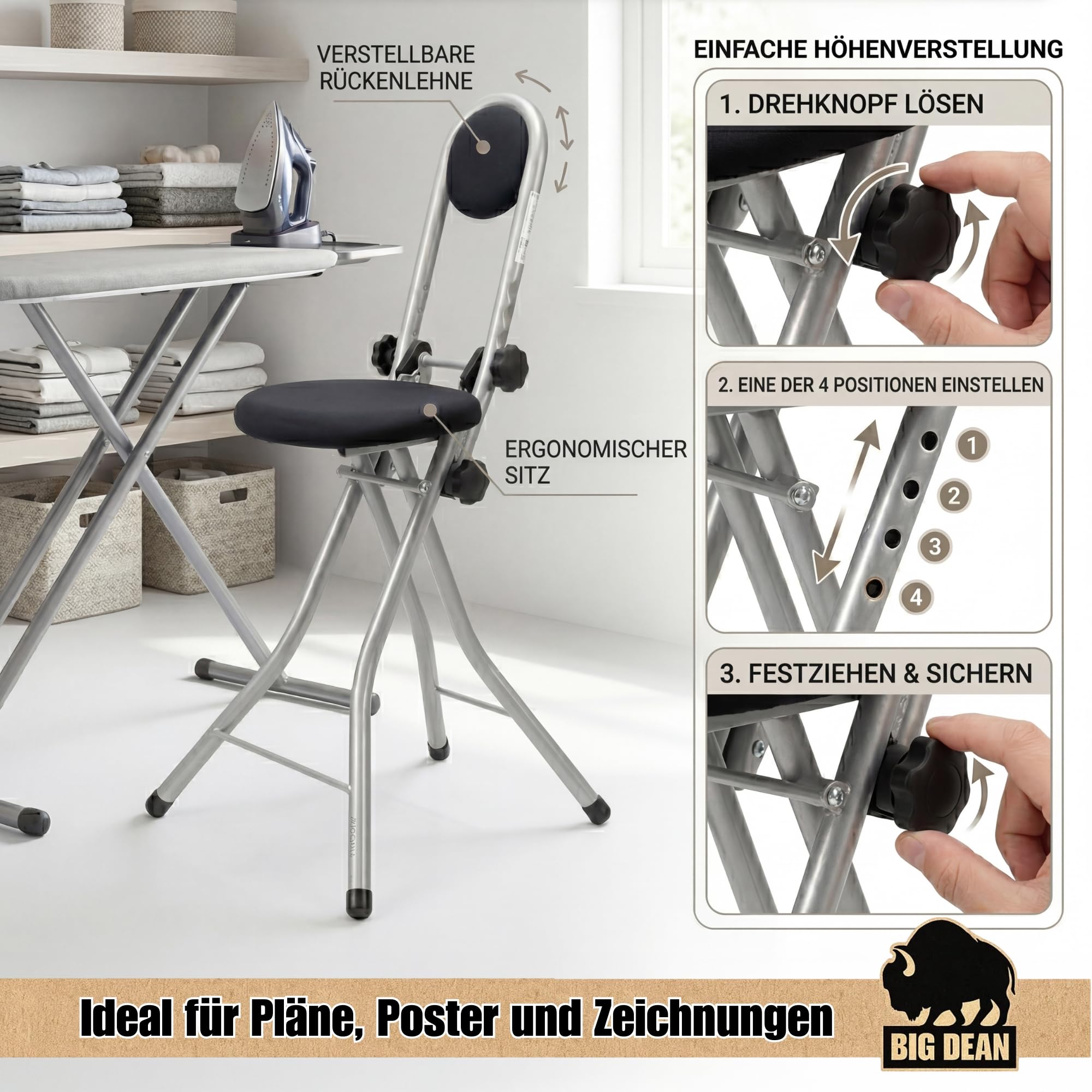 BigDean Bügelstehhilfe Stehhilfe Stehstuhl 4-Fach Höhenverstellbar Klappbar Ergonomisches Sitzen mit Rückenlehne
